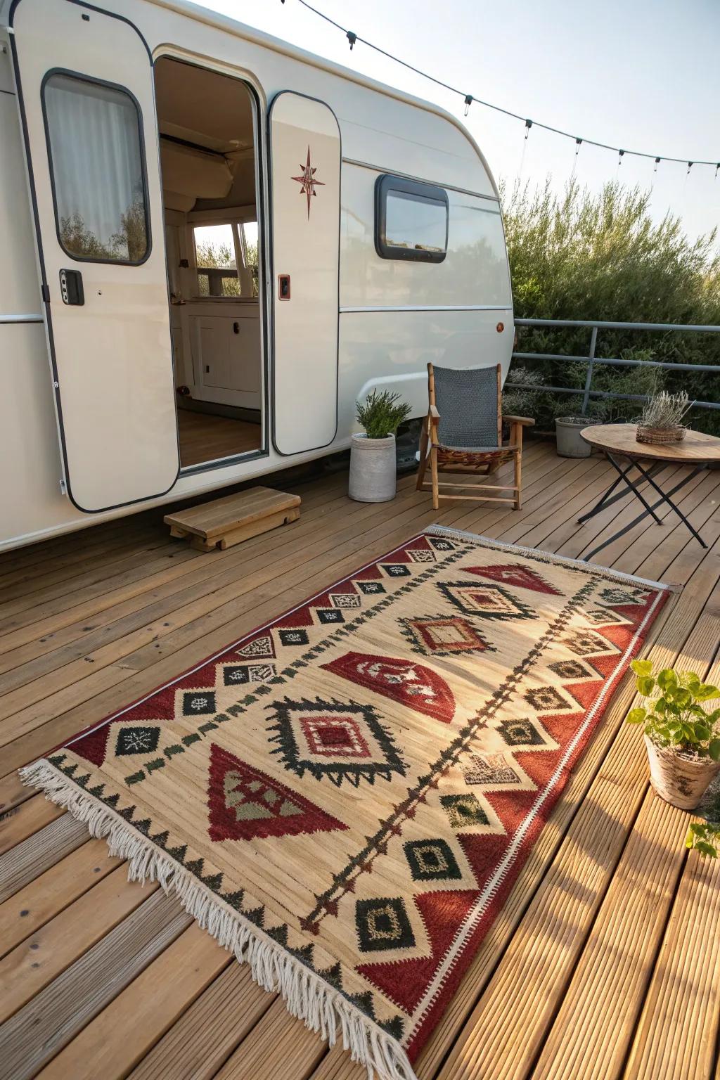Transform your mobile home deck into a stylish retreat with a stunning outdoor rug that blends craftsmanship with comfort.