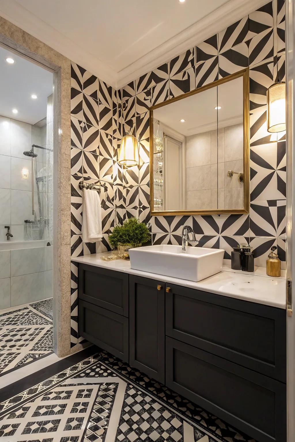Bold patterns create a visually striking and dynamic bathroom.