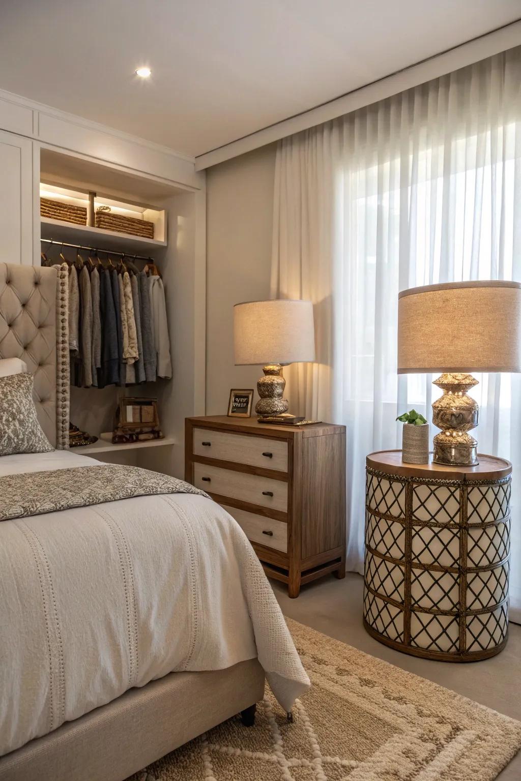 Unique nightstands add intrigue to this minimalist guest bedroom.