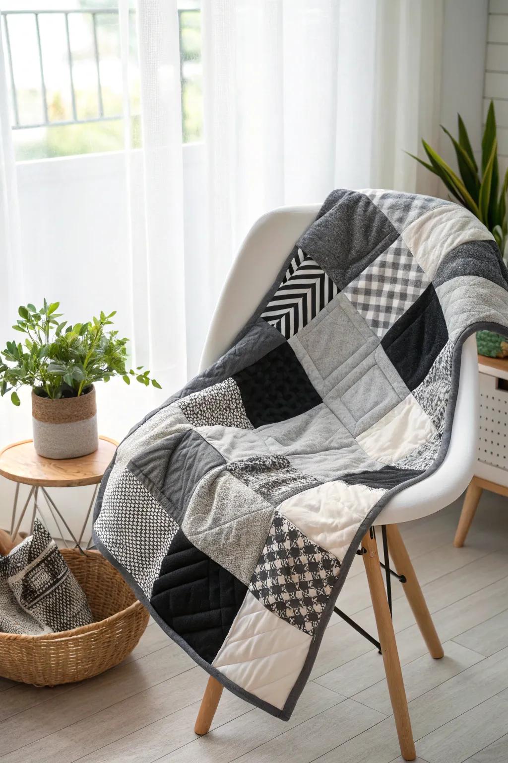 Elevate your space with a timeless monochrome t-shirt quilt, where simplicity meets bold elegance.