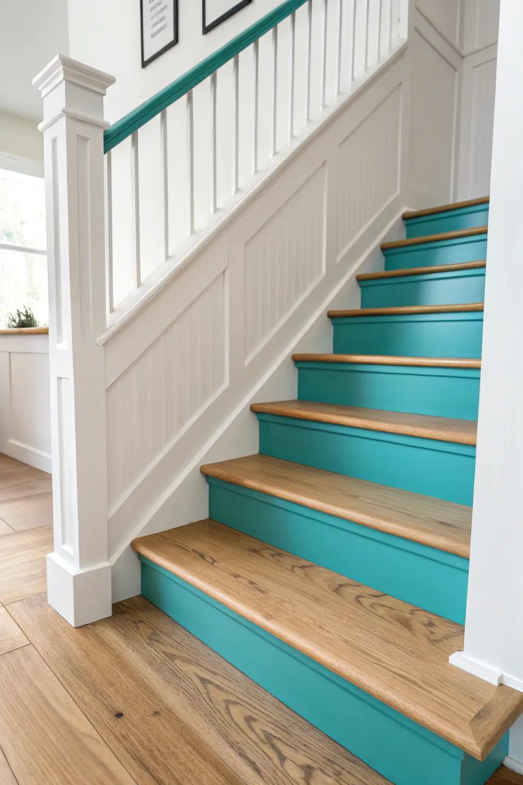 Elevate your stairs with a pop of teal—where minimalist design meets playful elegance.