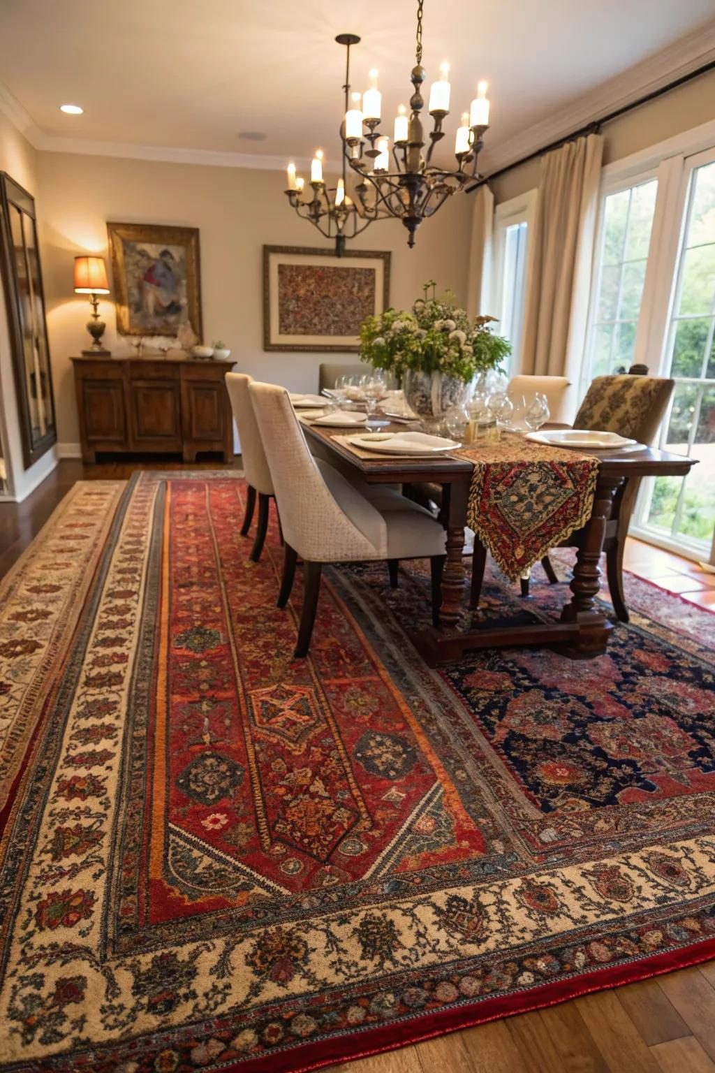 Layered rugs add texture and depth.