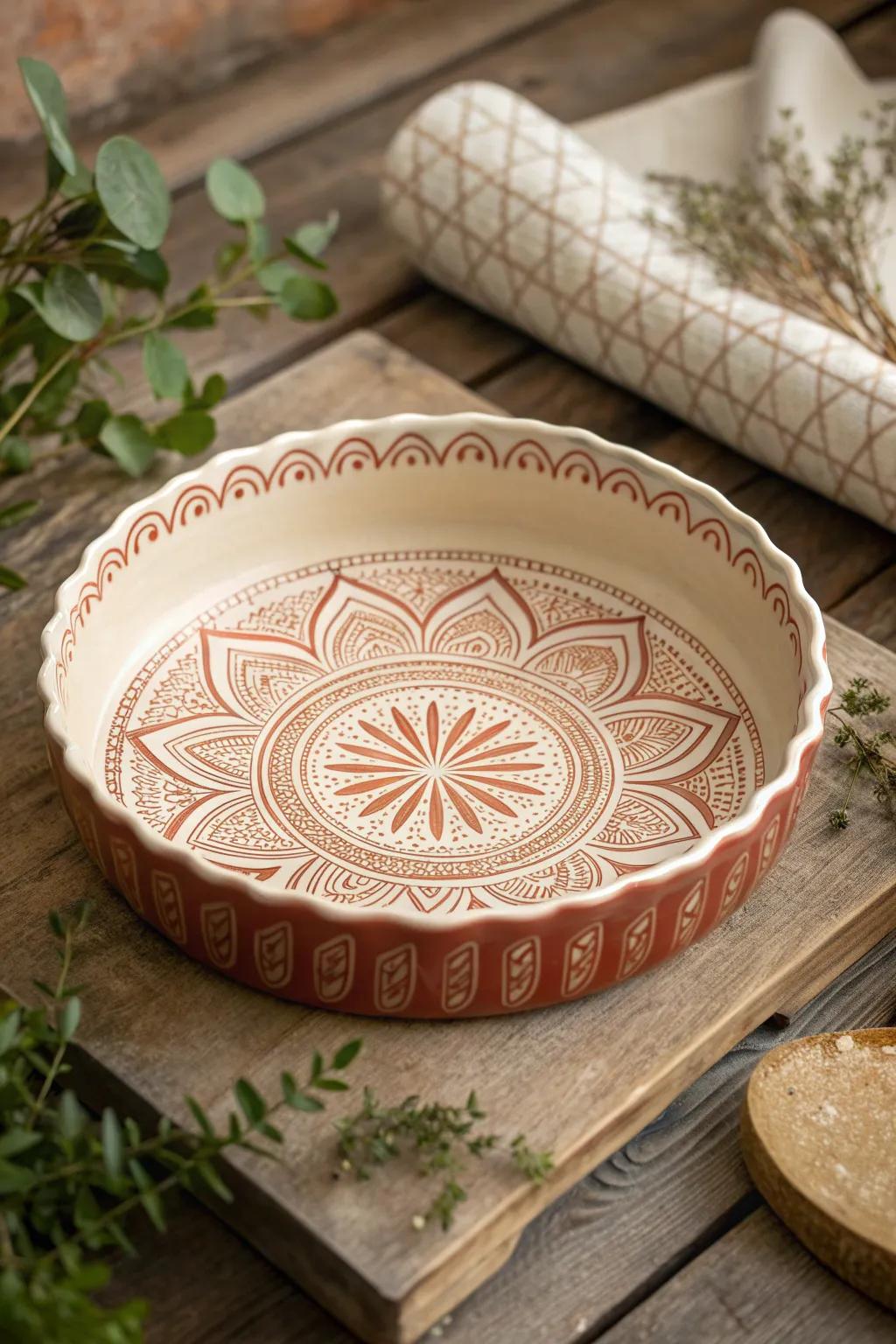 Elevate your baking with this artful pie pan, the perfect blend of simplicity and elegance.