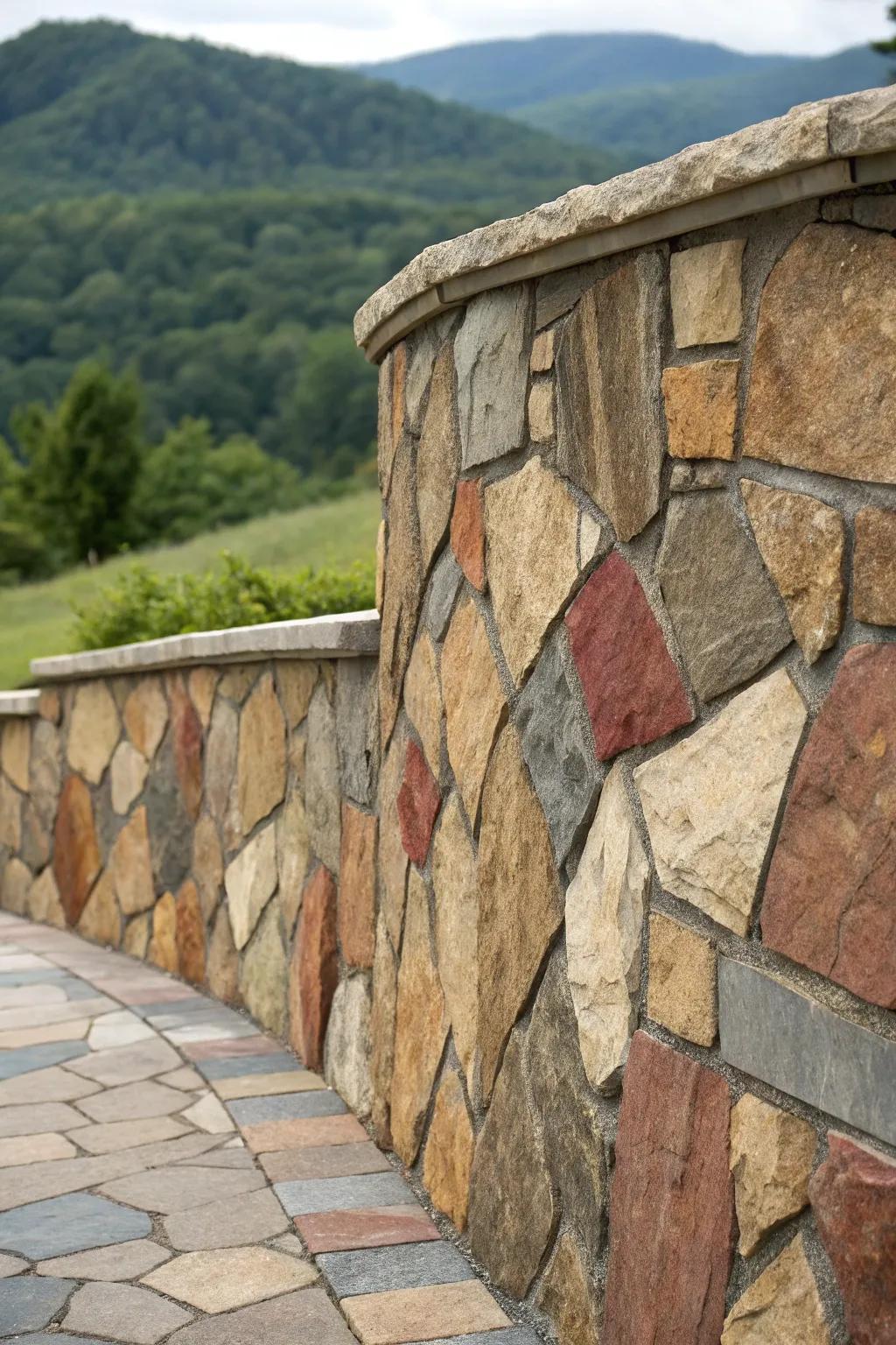 Elevate your landscape with a patchwork stone wall that blends artistry and nature.