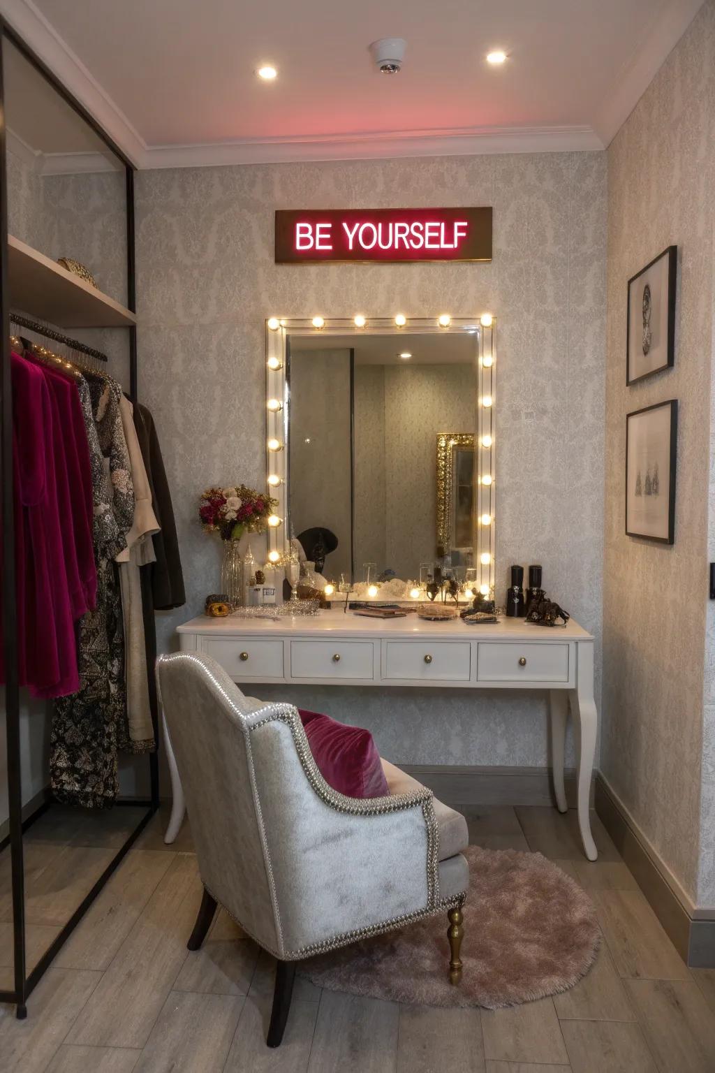 A stylish dressing room with a 'Be Yourself' neon sign.