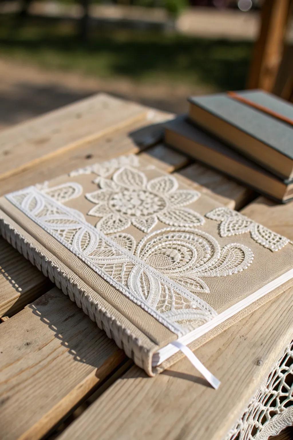 Embrace tactile elegance with a lace-covered notebook that brings a touch of bohemian charm to your minimalist space.