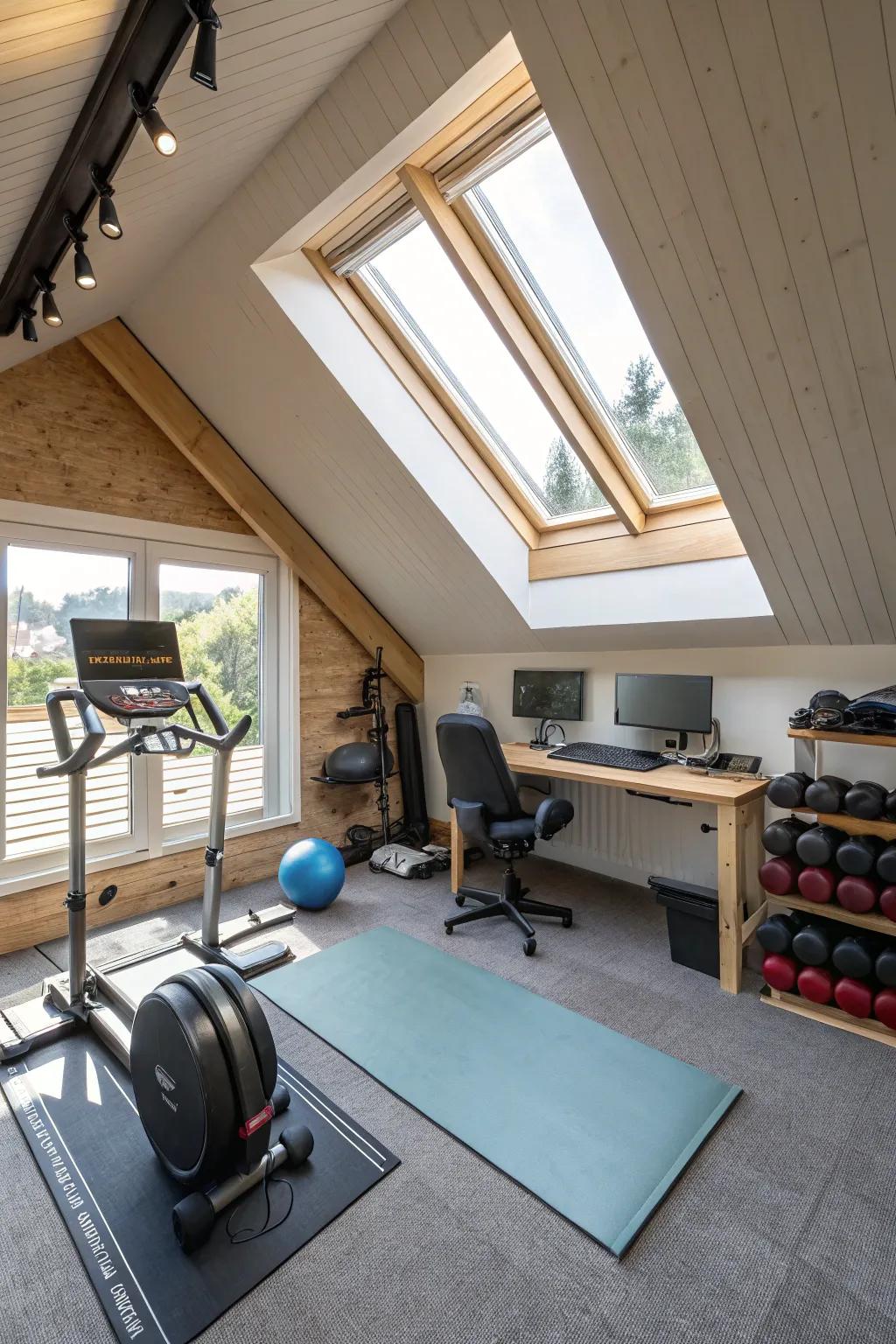 An attic turned into a versatile office and gym space.