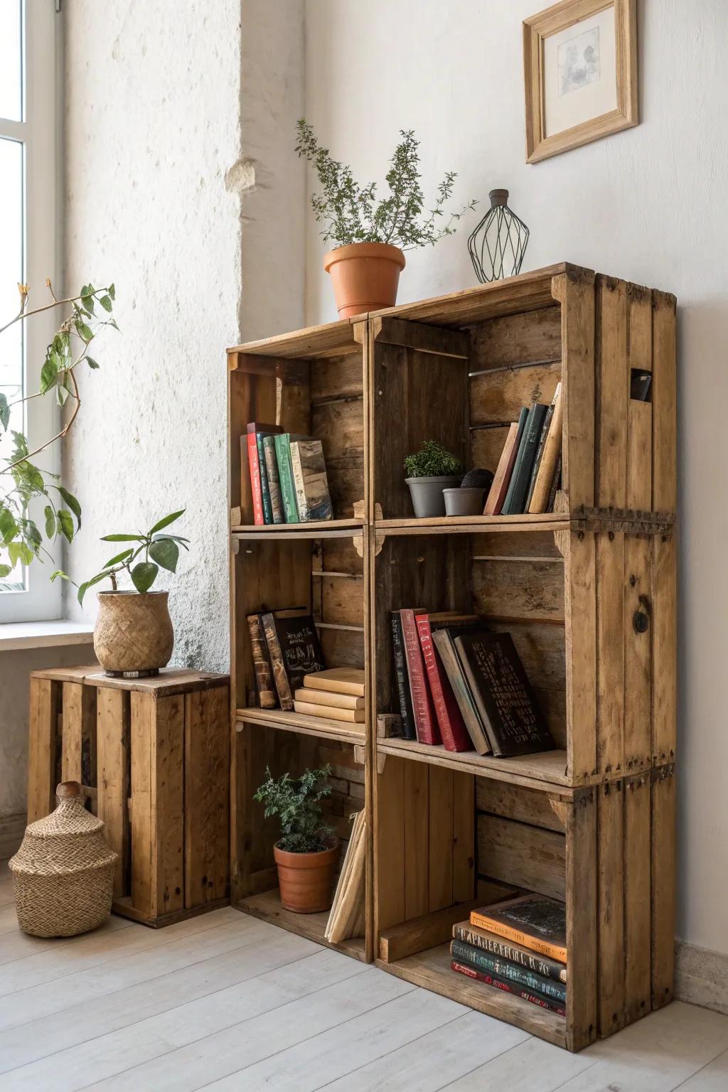Transform old crates into a charming vintage bookshelf that marries rustic allure with minimalist elegance.