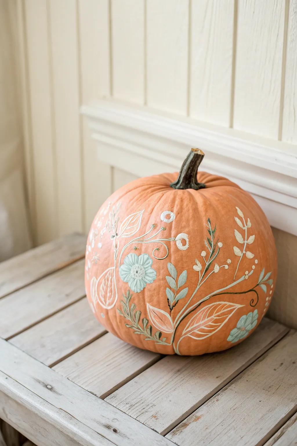 Embrace a Floral Fantasy: Elevate your fall decor with this beautifully painted pumpkin, blending Scandinavian minimalism with Boho charm.