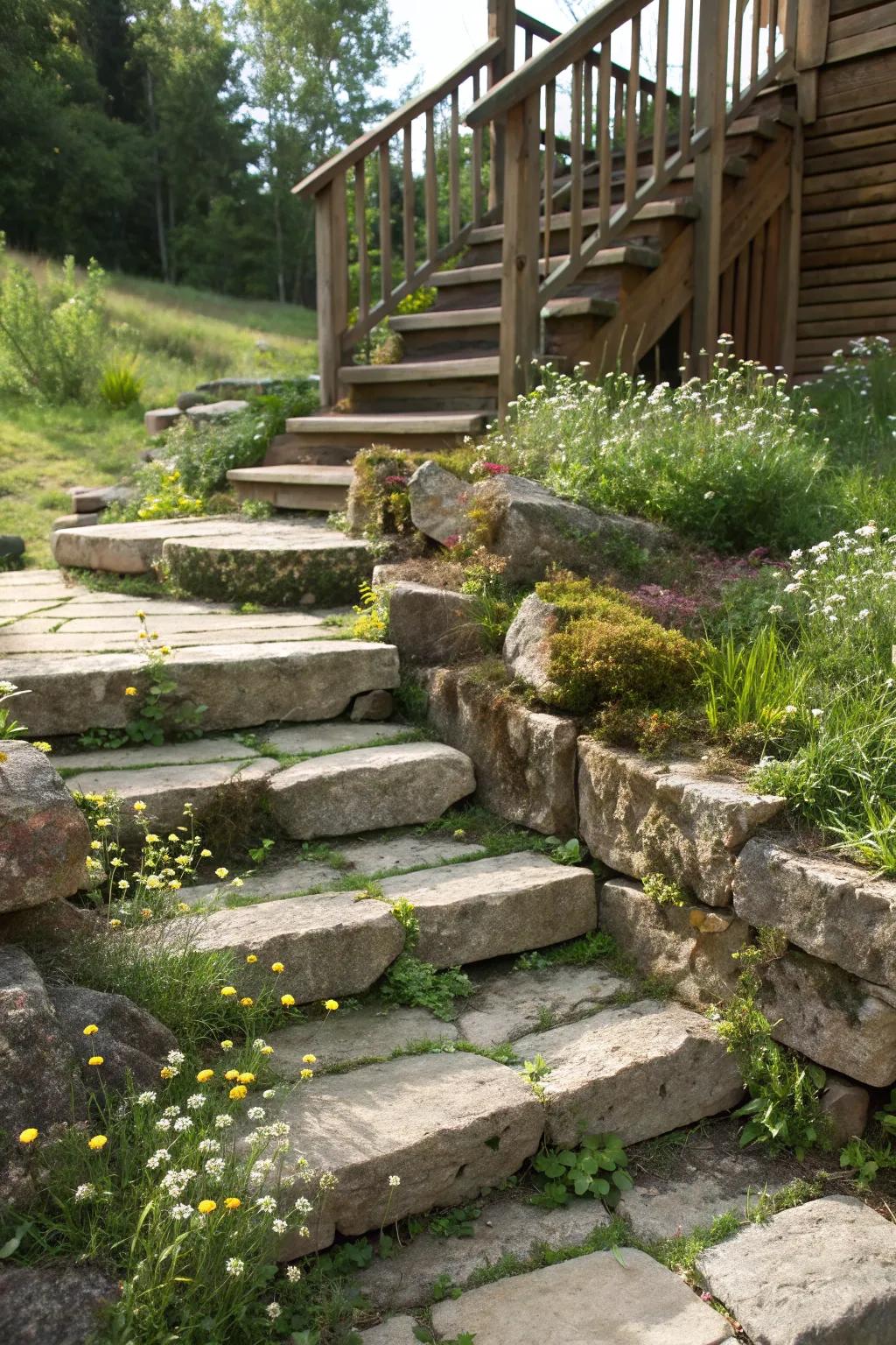 Step into serenity with these handcrafted rustic stone stairs, where nature meets craftsmanship.