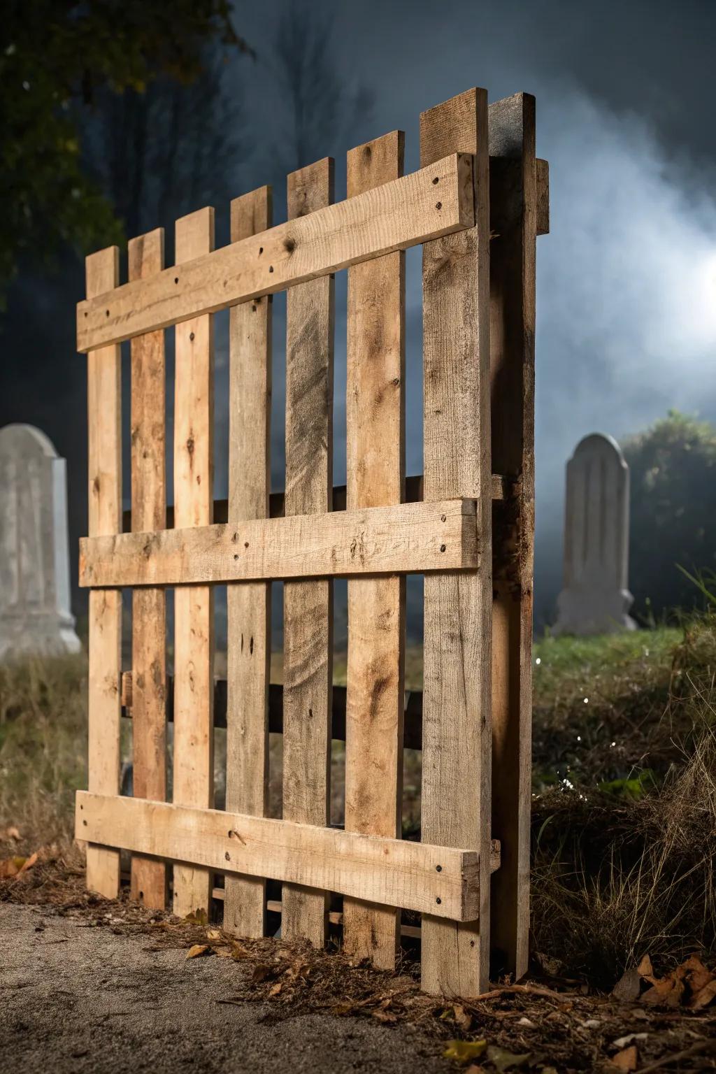 Craft your own spooky scene with a rustic pallet fence—where craftsmanship meets mystery.