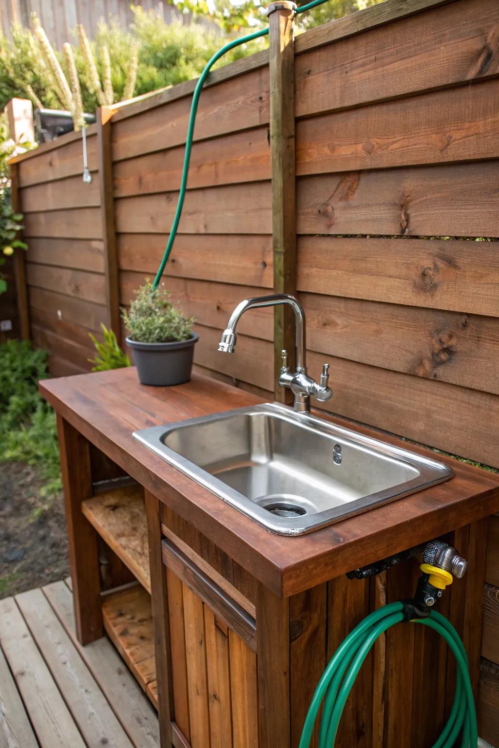Elevate your outdoor cooking experience with this expertly crafted sink station, blending modern functionality with rustic charm.