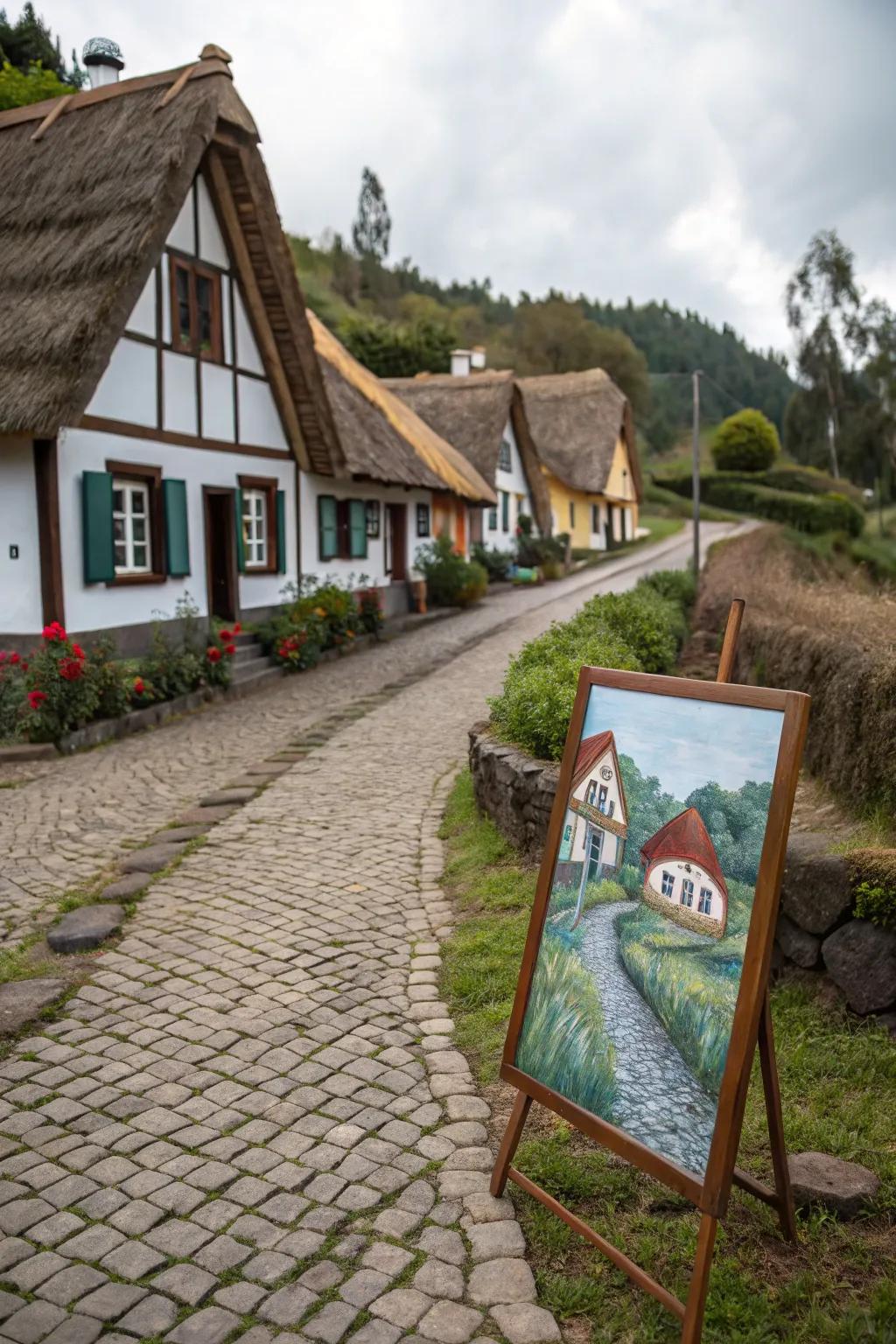 Transport yourself to a simpler time with this charming village scene, where craftsmanship and color meet timeless beauty.