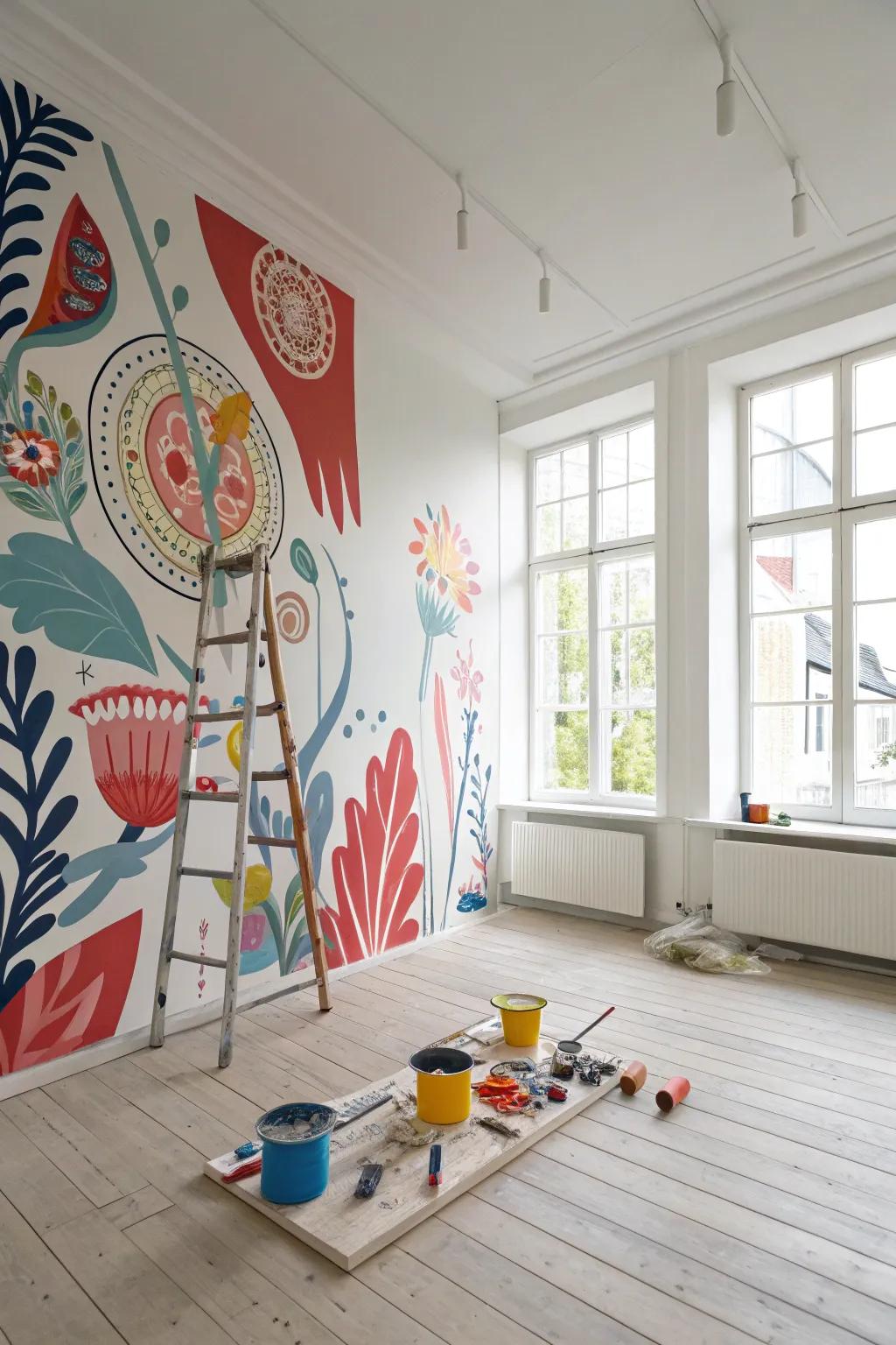 Unite through creativity: A colorful mural project that brings friends together in vibrant expression.