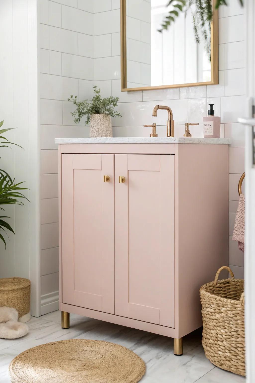 Transform your bathroom into a Blush Pink Dream with chic cabinets and elegant fixtures for a touch of feminine allure.