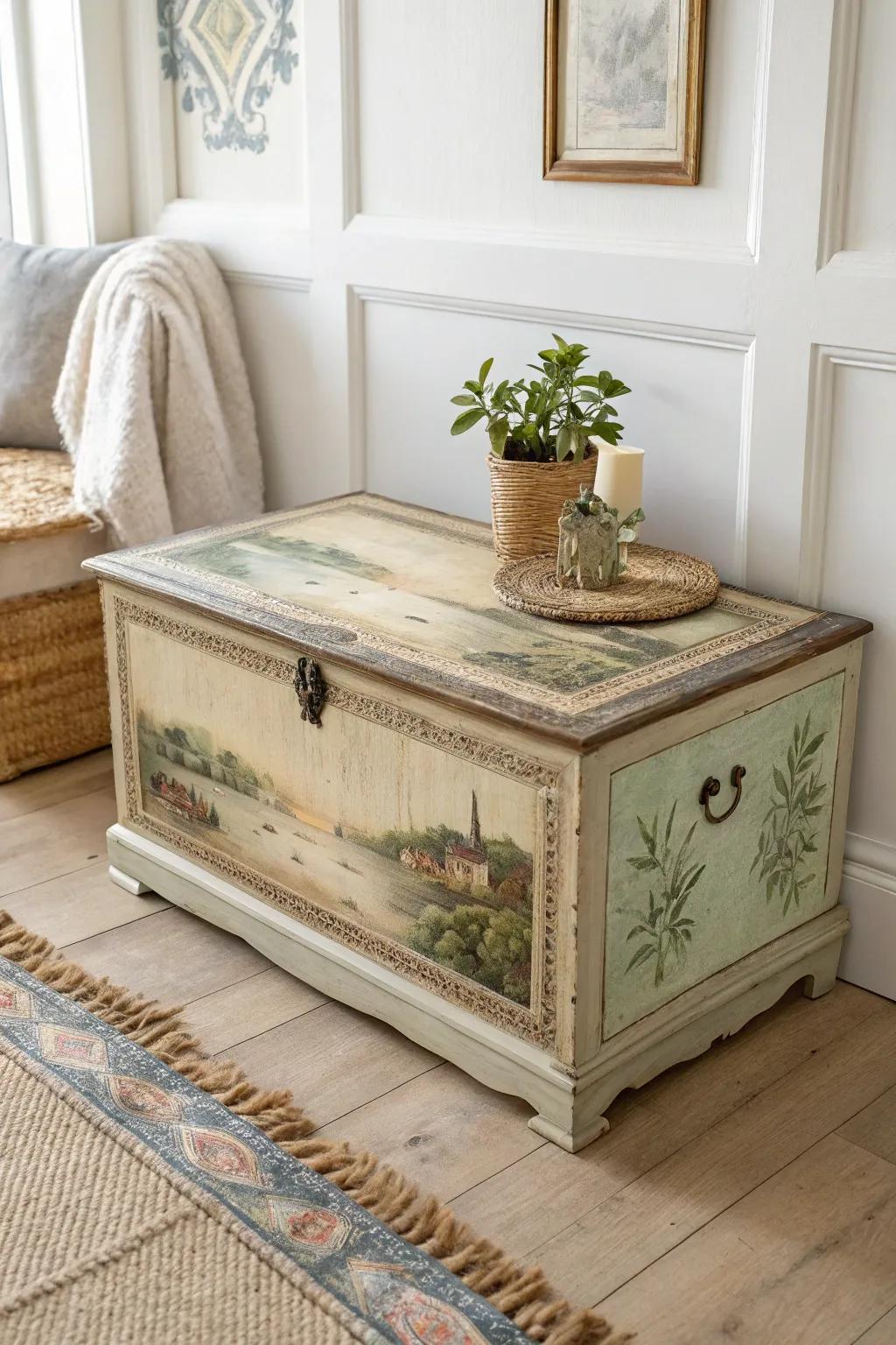 Transform your space with a personalized touch: a vintage postcard image transfer on a cedar chest.