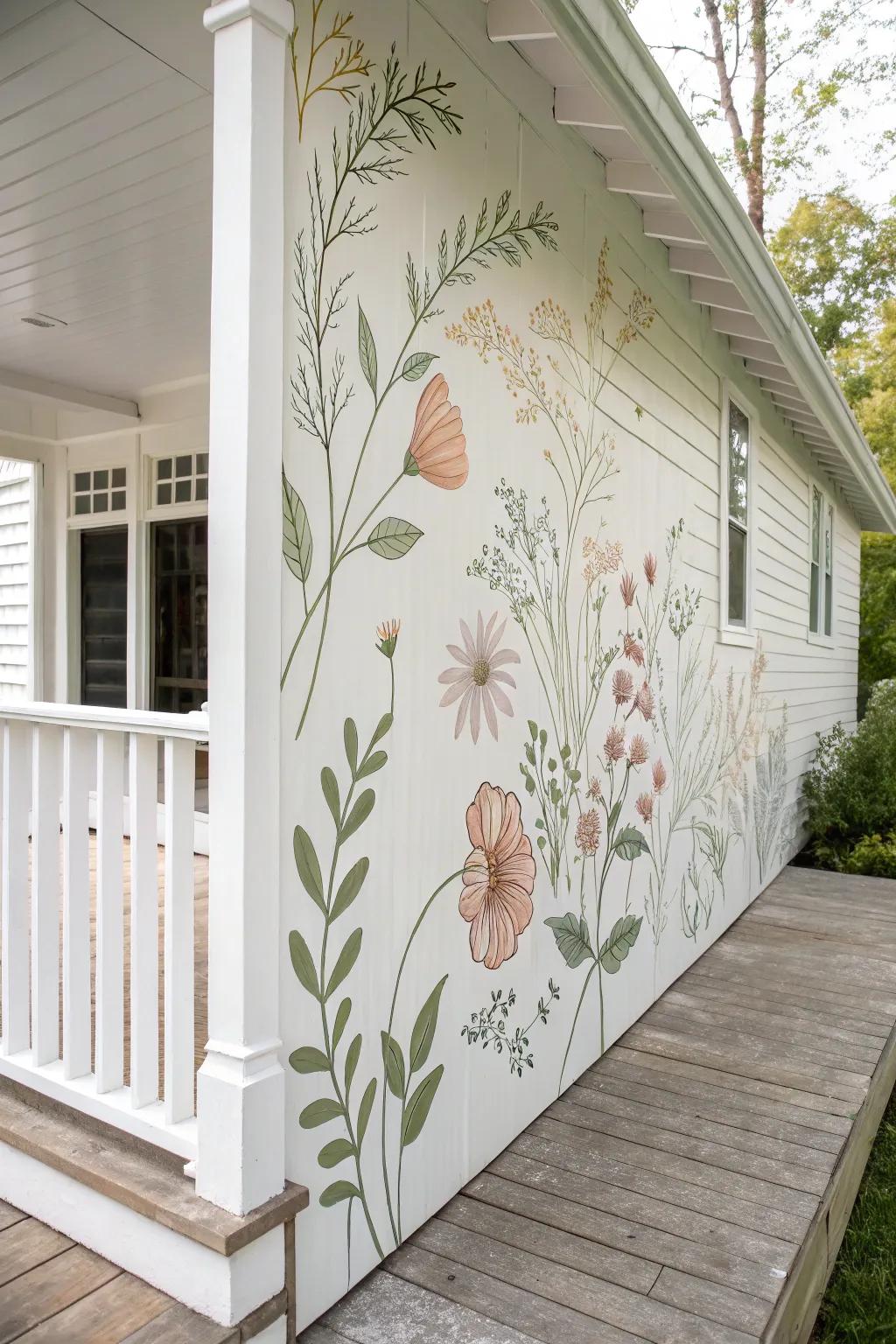 Transform your porch with a nature-inspired mural that adds a touch of minimalist elegance and boho charm.