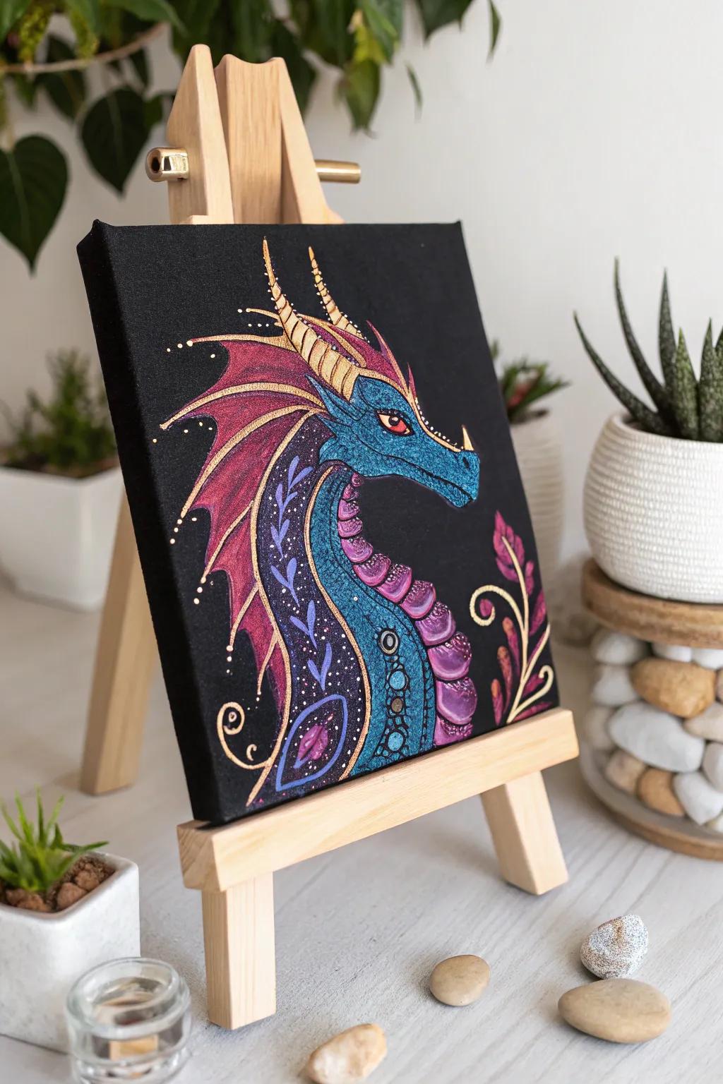 Unleash your creativity with a mystical dragon painting on black canvas. Embrace the magic of bold colors and minimalist beauty.