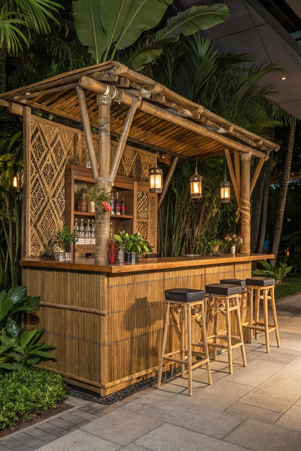 Transform your space into a tropical paradise with this stunning tiki bar, perfect for any aspiring mixologist.