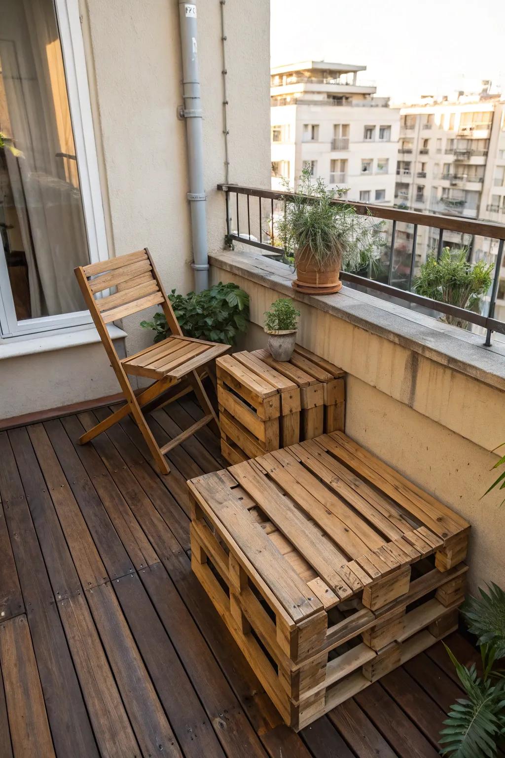 Transform your small space into a cozy retreat with this compact pallet deck—where craftsmanship meets comfort.