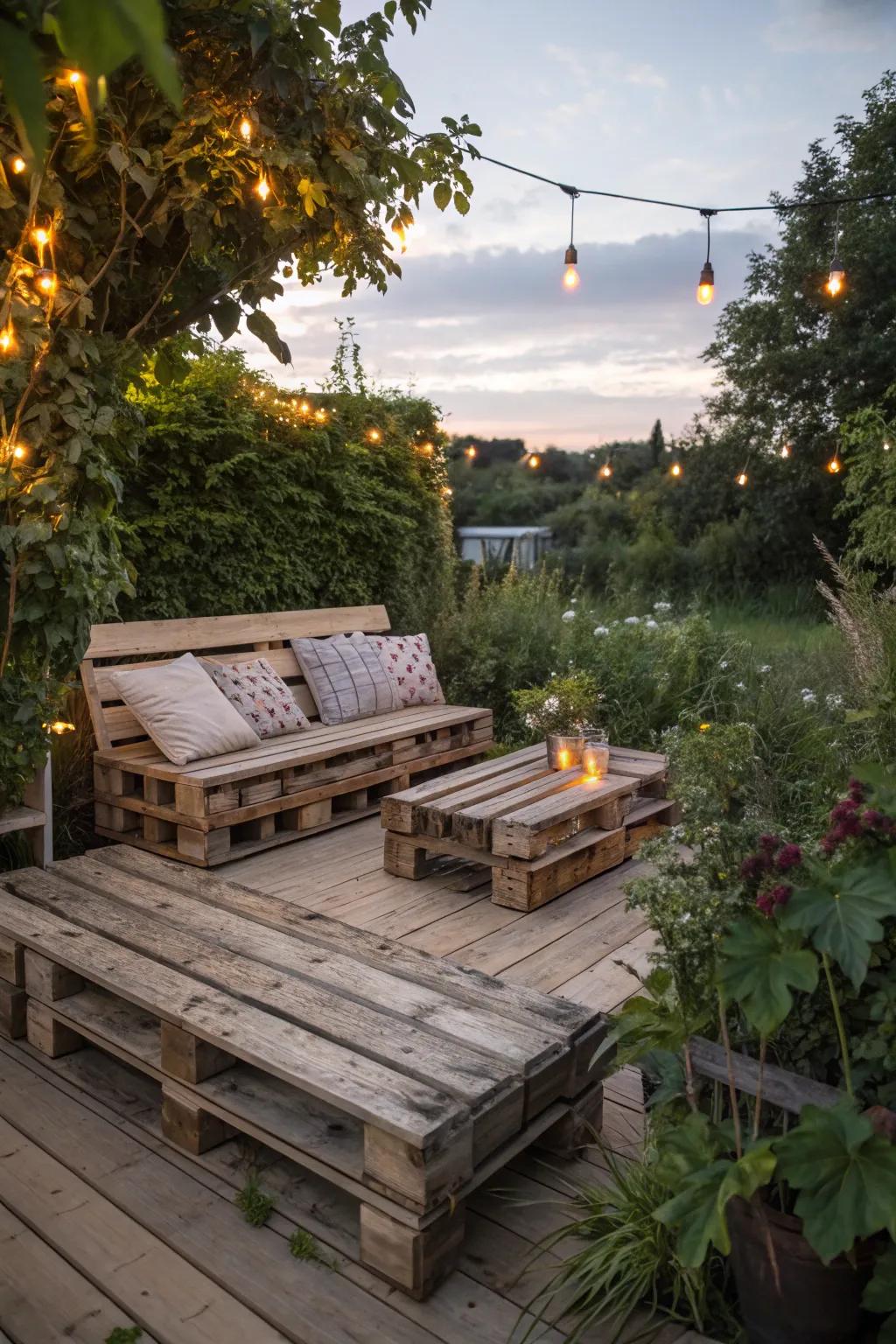 Transform your garden with the charm of handcrafted pallet decking and a sprinkle of fairy light magic.