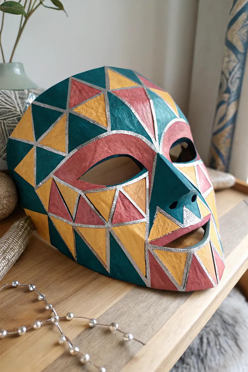 Elevate your style with a chic geometric paper mache mask, where bold patterns meet minimalist elegance.