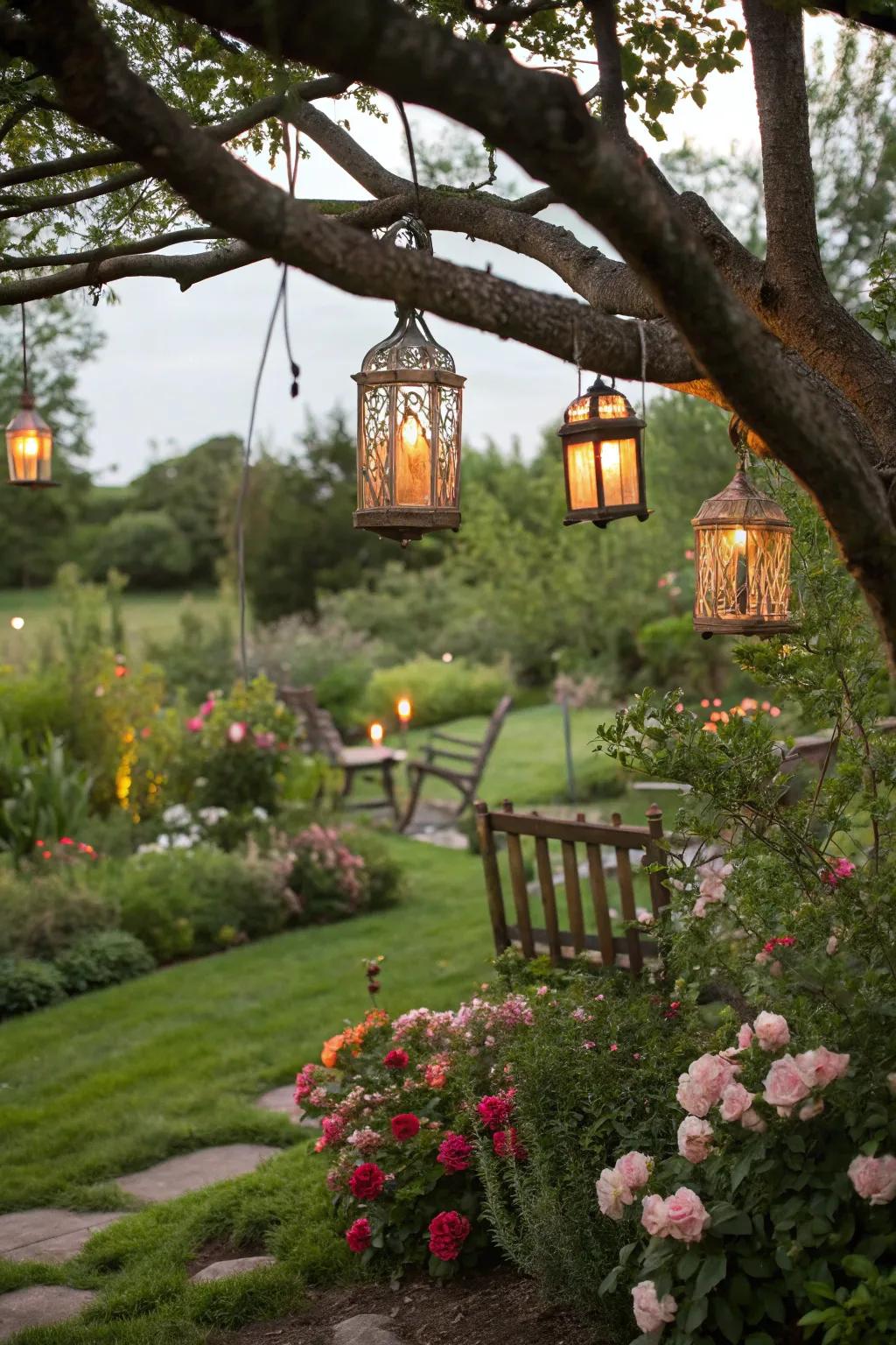 Garden lanterns create a romantic, enchanted atmosphere.