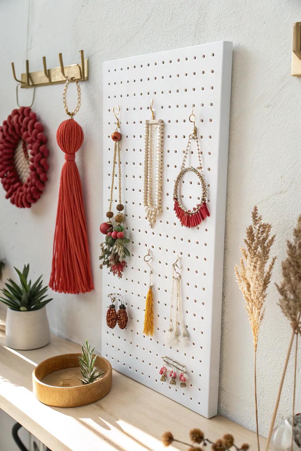 Elevate your space with a seasonal twist on pegboard jewelry displays. Embrace simplicity, craftsmanship, and vibrant colors!