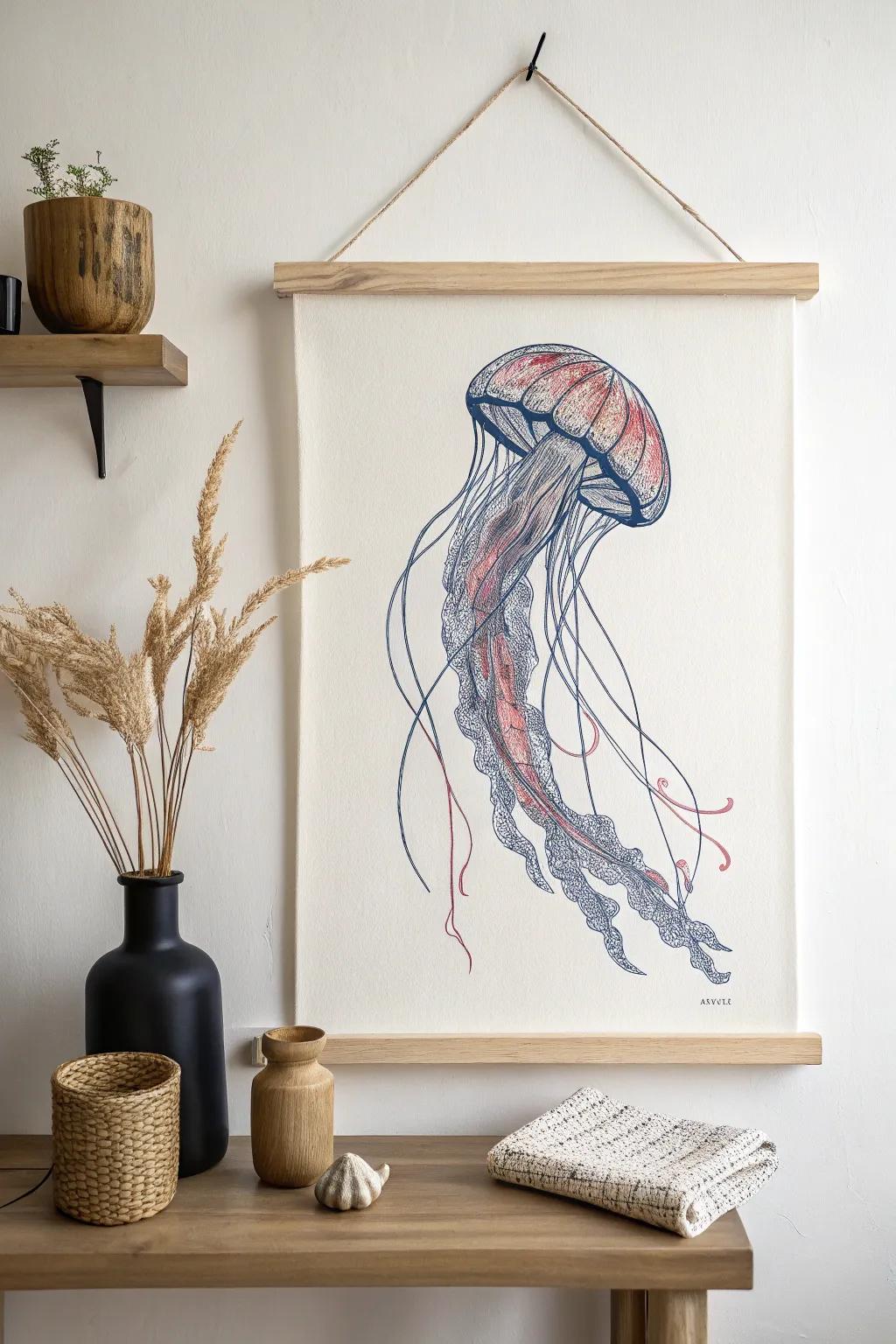 Discover the allure of the deep sea with this striking pen art jellyfish, a mesmerizing blend of simplicity and vibrant color.