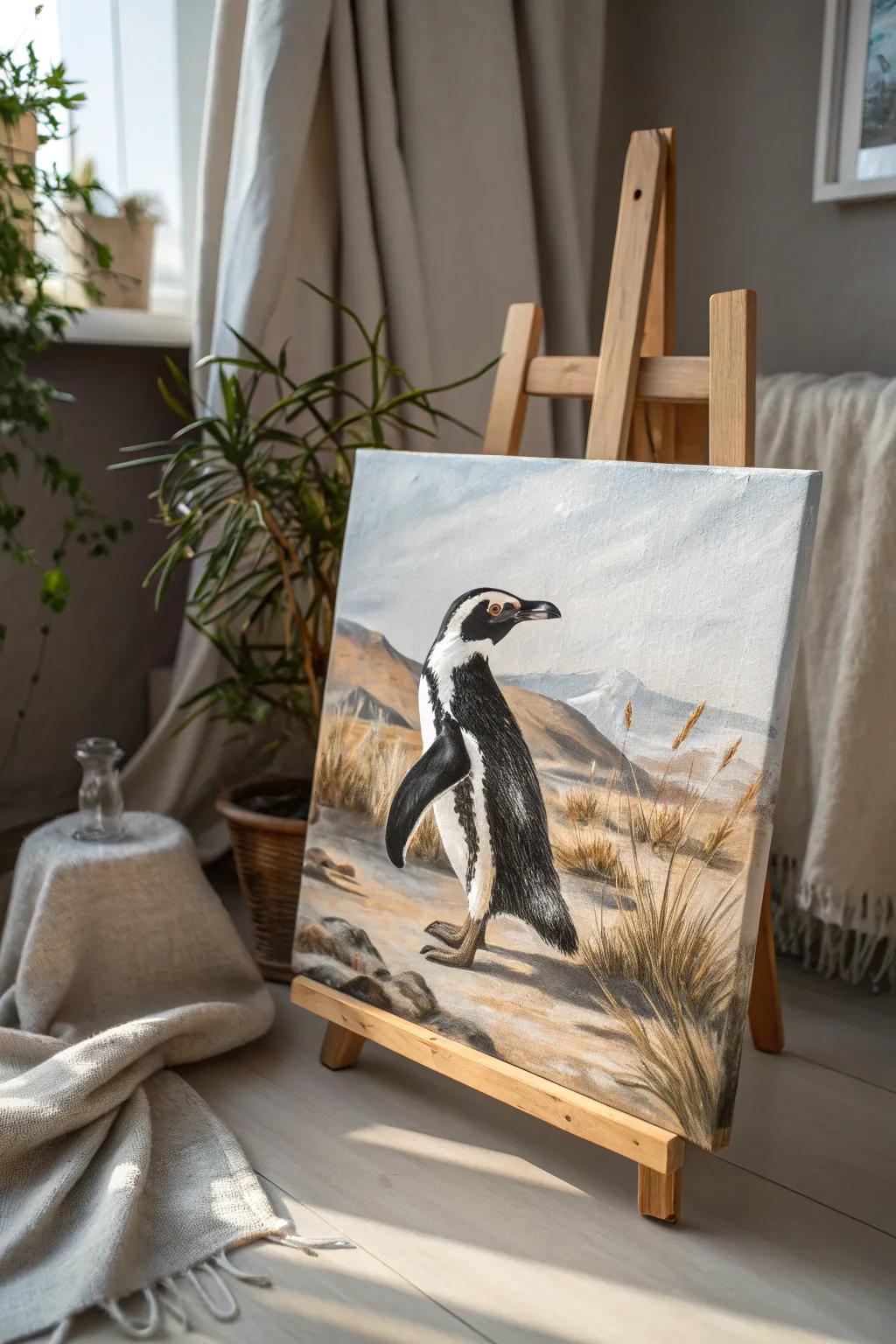 Capture the serene elegance of penguins in their natural habitat with this minimalist landscape painting.