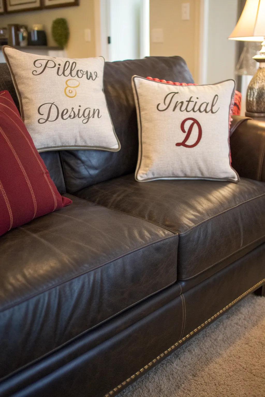 Personalized pillows add a unique and personal touch to a leather couch.