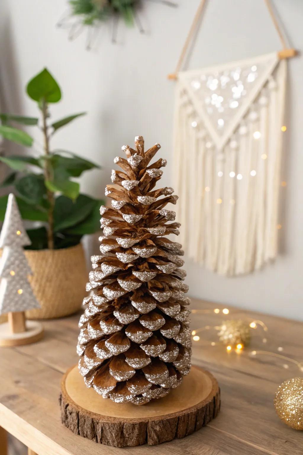 Add a touch of sparkle with this enchanting glittered pinecone tree, the perfect blend of Scandinavian simplicity and boho charm.