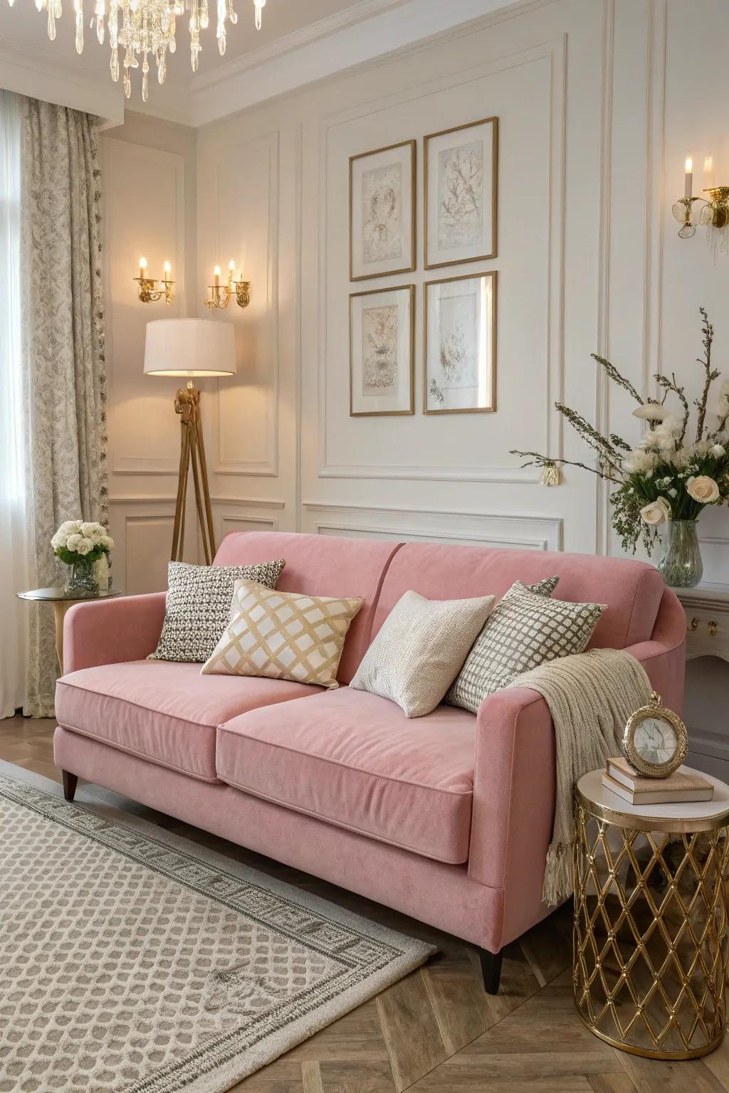 Neutral tones can enhance the elegance of a pink couch.