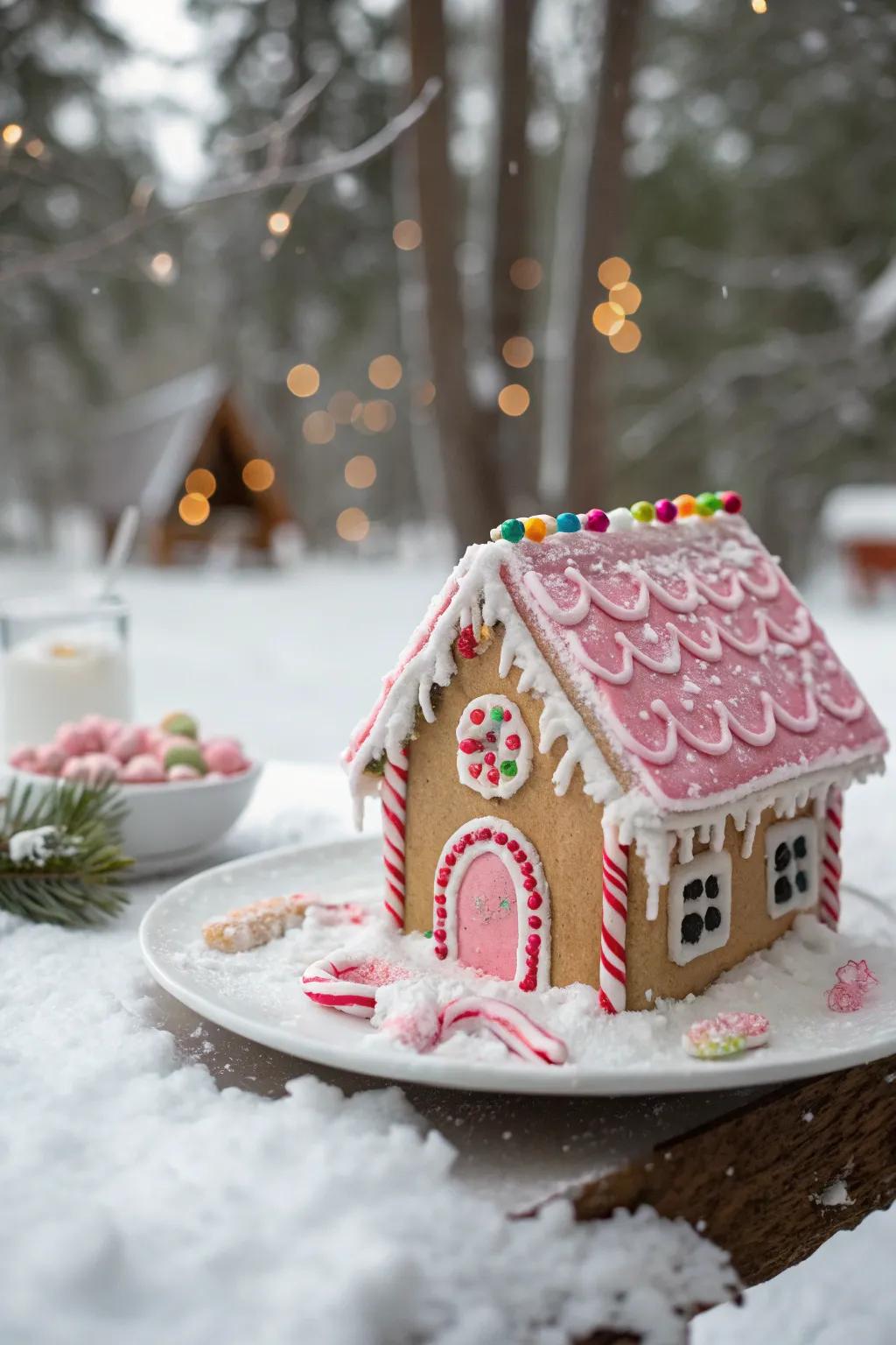A pink peppermint paradise gingerbread house.