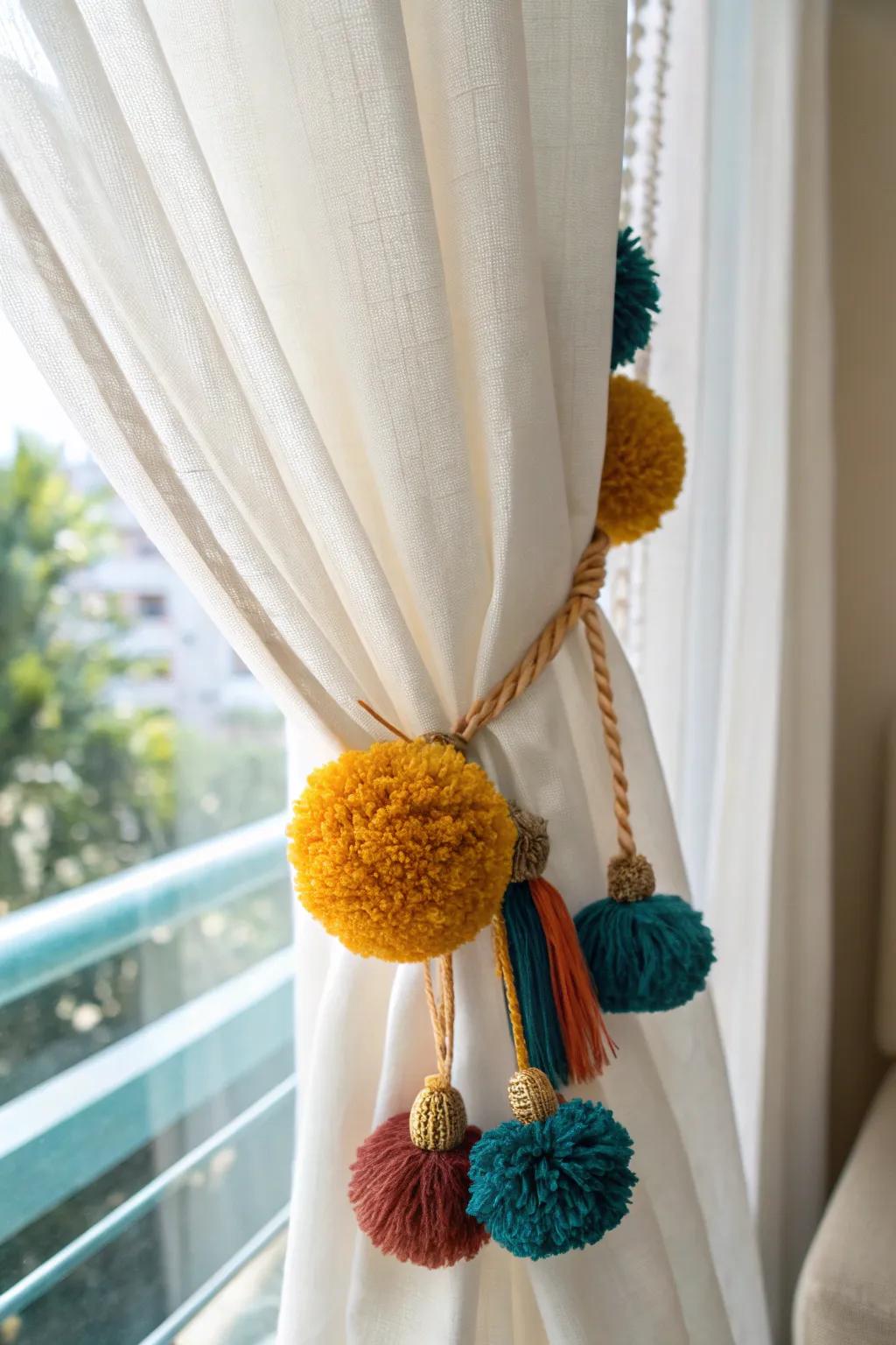 Add a playful touch to your curtains with vibrant pom pom ties, blending minimalist elegance with boho charm.