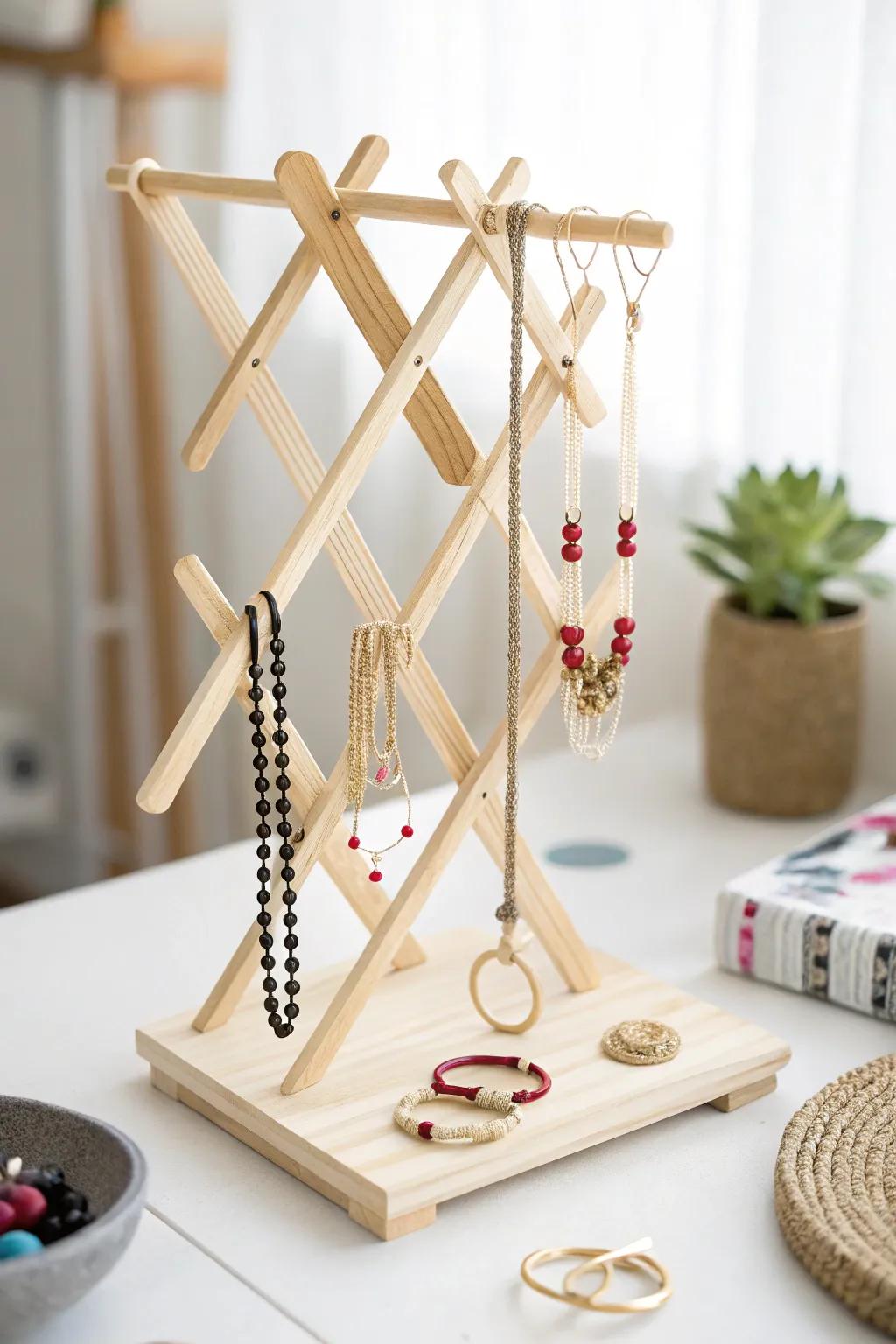 Elevate your jewelry organization with this chic and simple popsicle stick stand—where minimalism meets creativity.