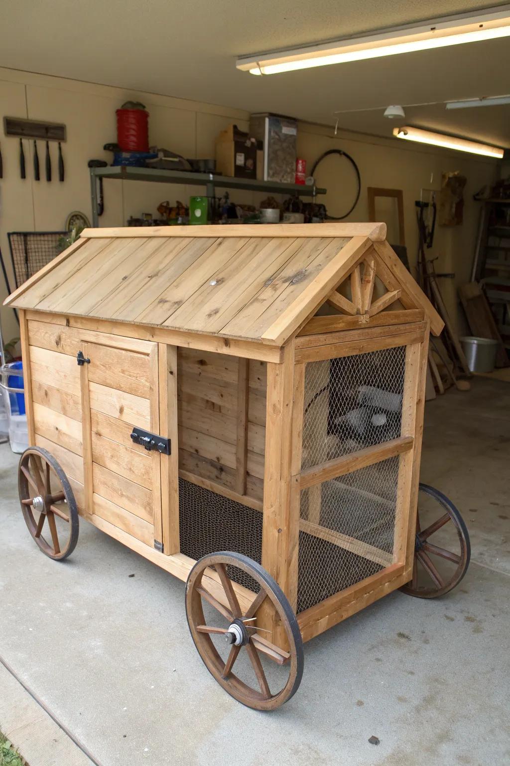 Craftsmanship on wheels: A beautifully designed portable quail pen ready to roll wherever needed.