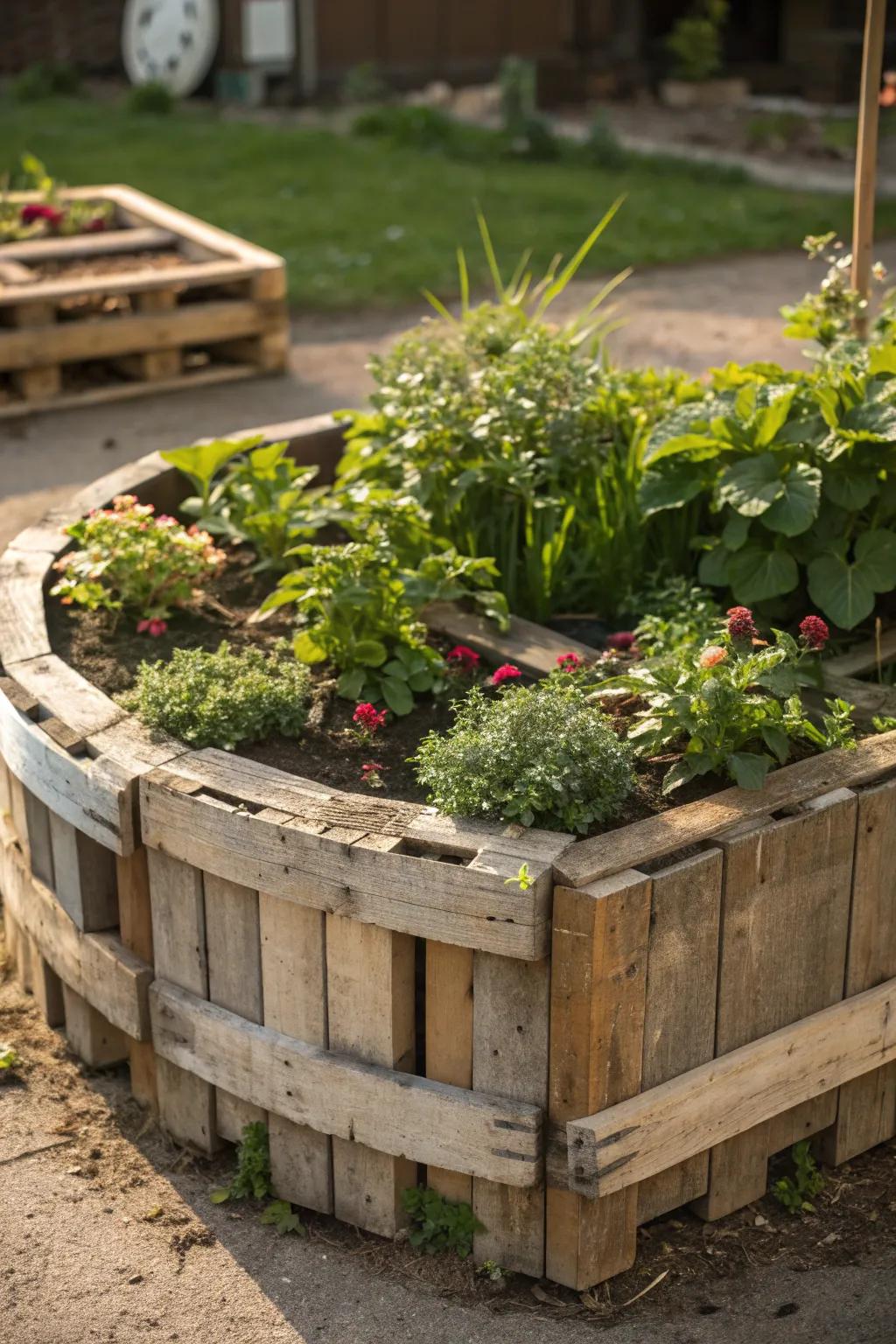 Craftsmanship at its finest: A stunning circular garden bed that transforms pallets into a work of art.