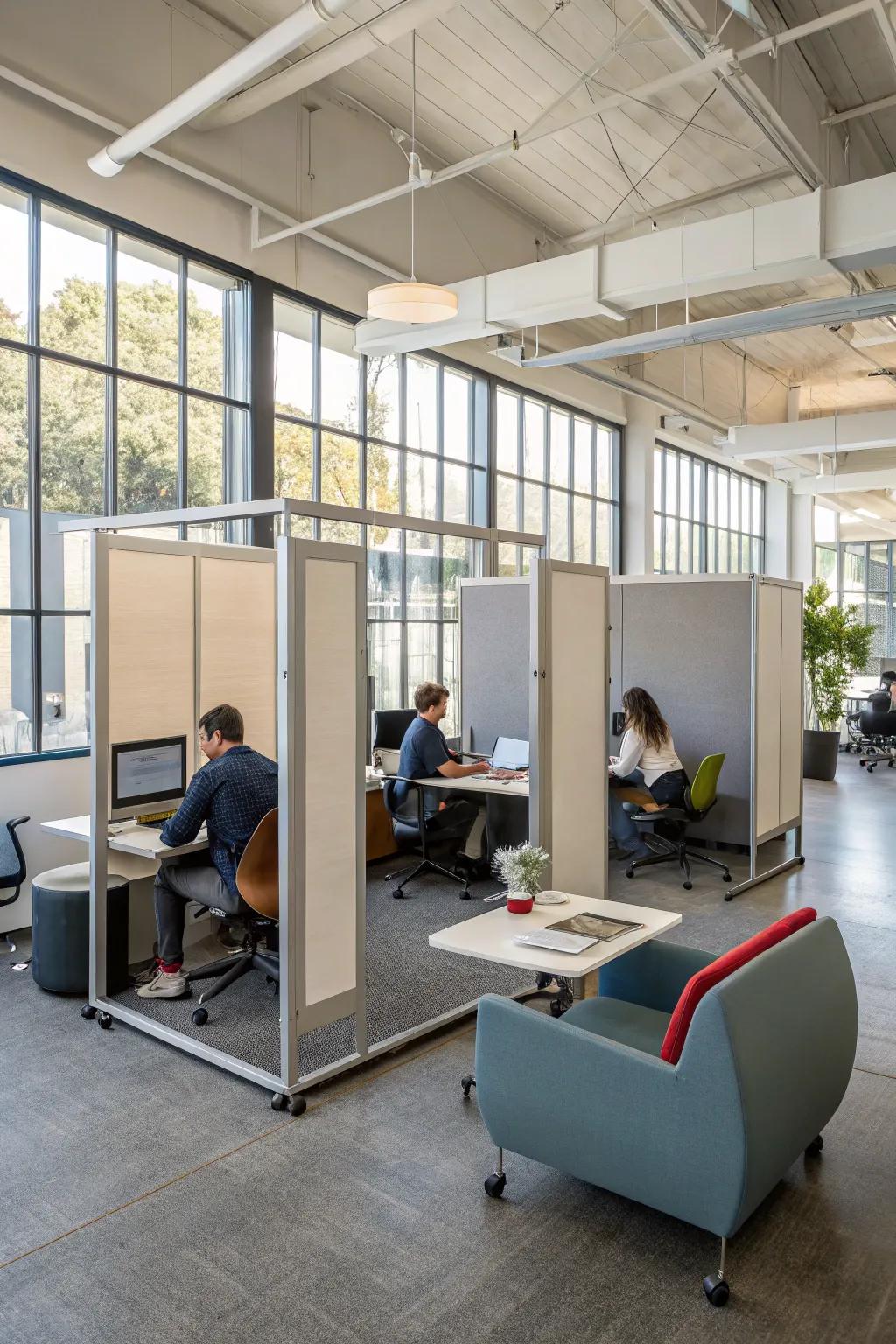 A flexible office space with modular furniture for dynamic rearrangement.