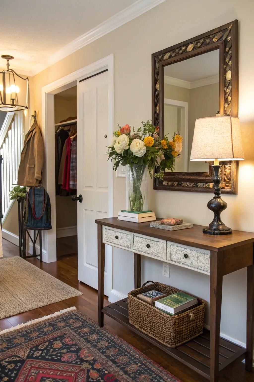 A dual-purpose desk offers functionality and style in the entryway.
