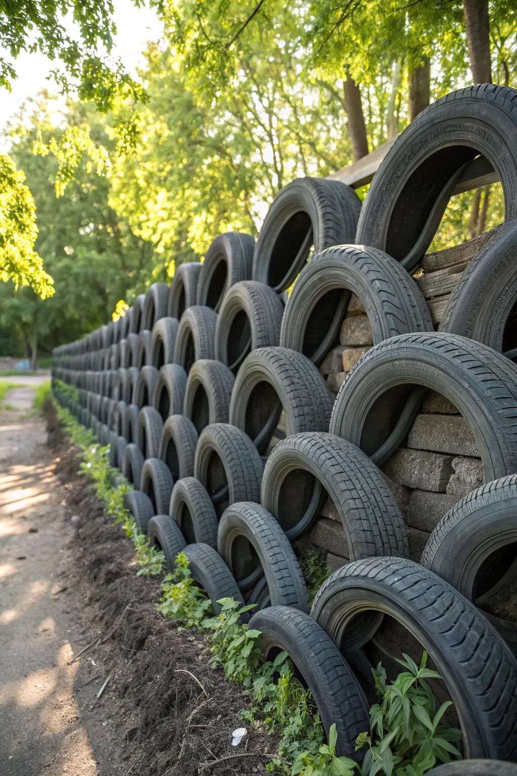 Transform old tires into a striking, sustainable fence with playful patterns.