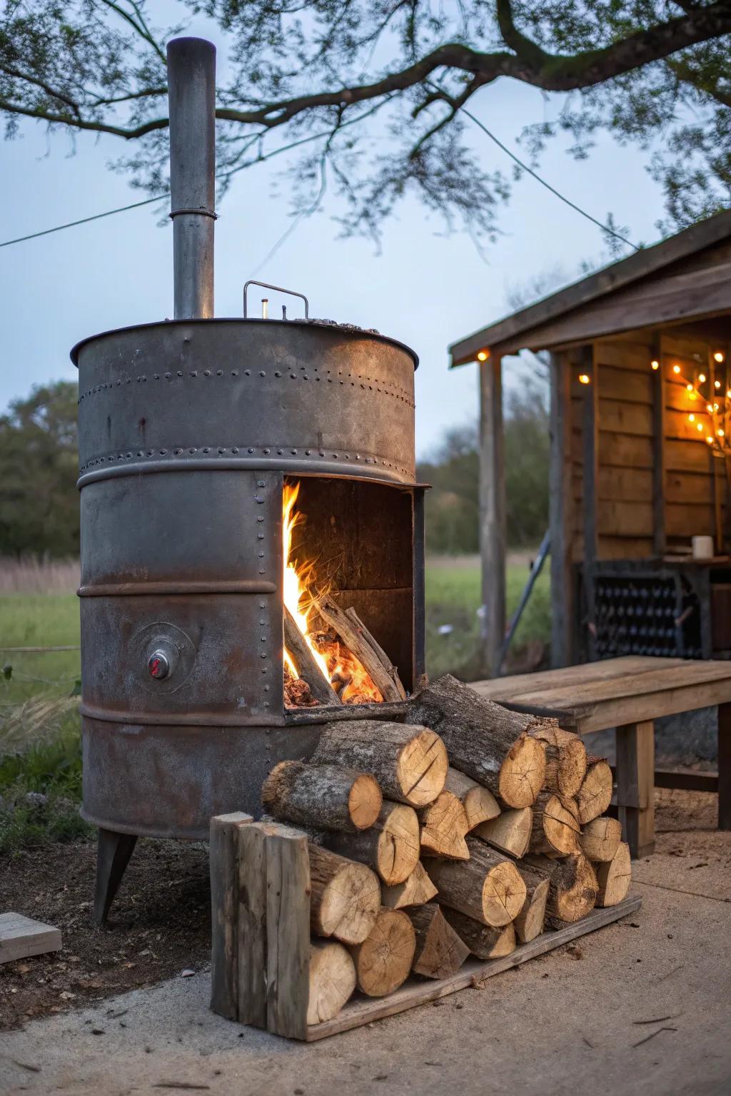 Embrace warmth and style with this handcrafted fire pit, complete with convenient log storage.