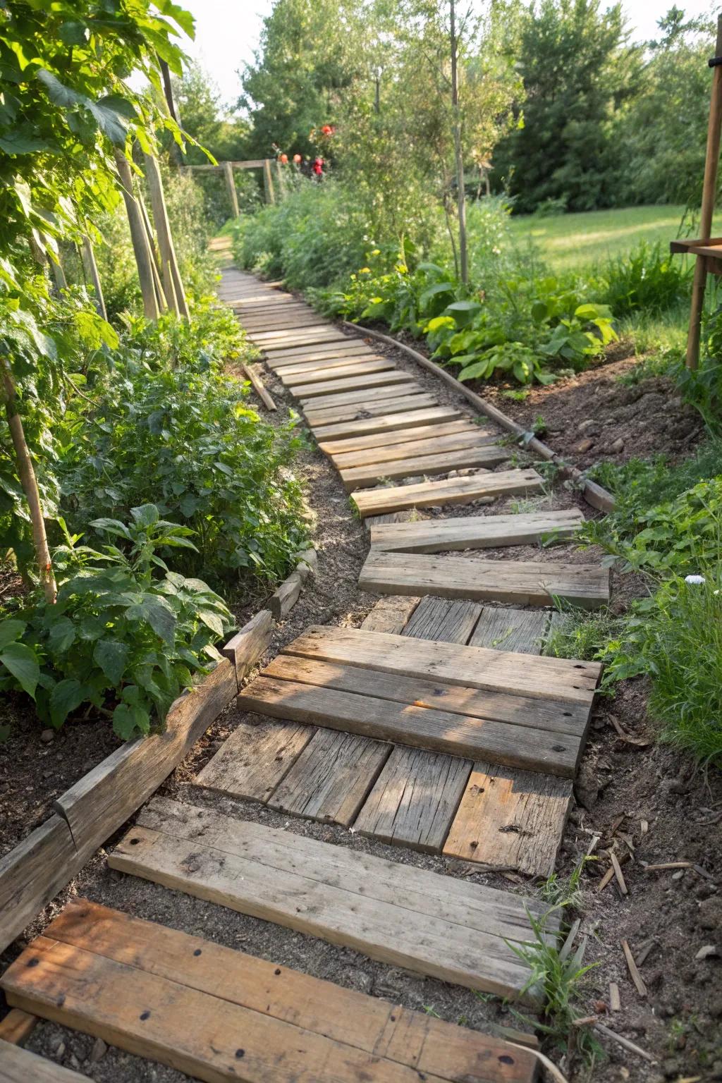 Step into serenity: a handcrafted garden pathway of repurposed pallet wood.