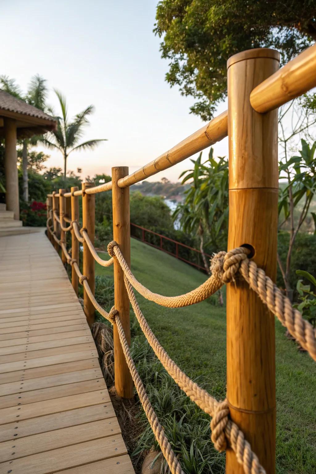 Embrace the island vibes with this exquisite bamboo and rope railing.