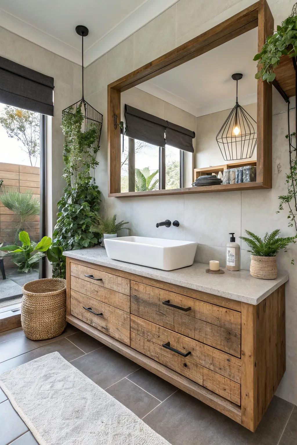 A modern rustic bathroom with a floating wood vanity.