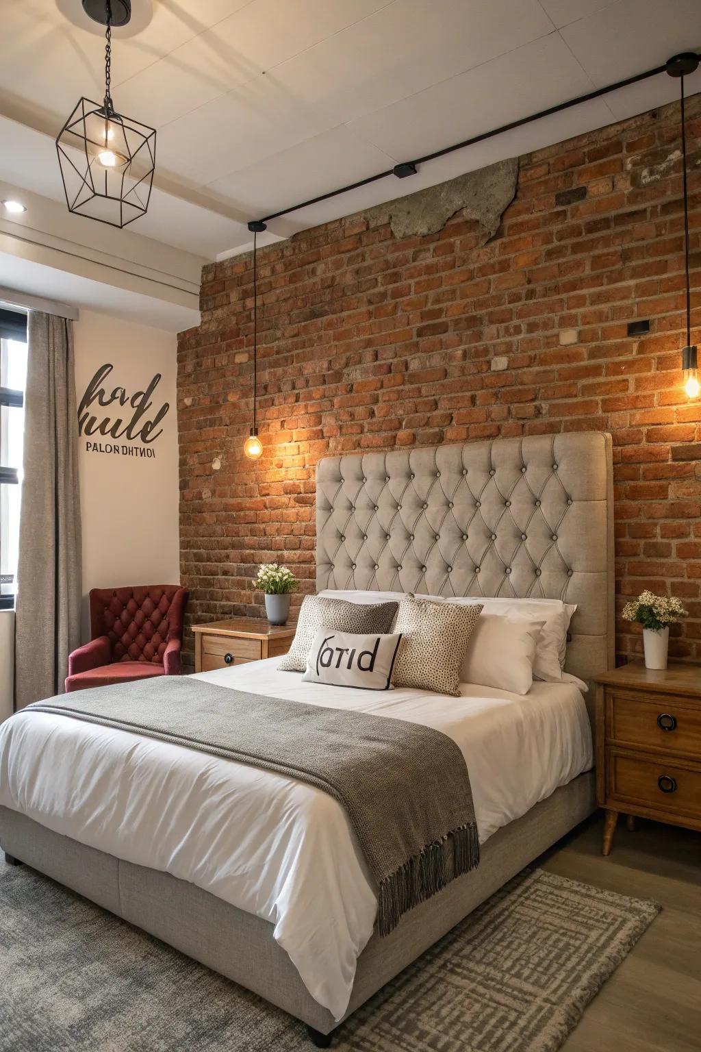 A bold headboard balancing the rustic charm of the brick wall.