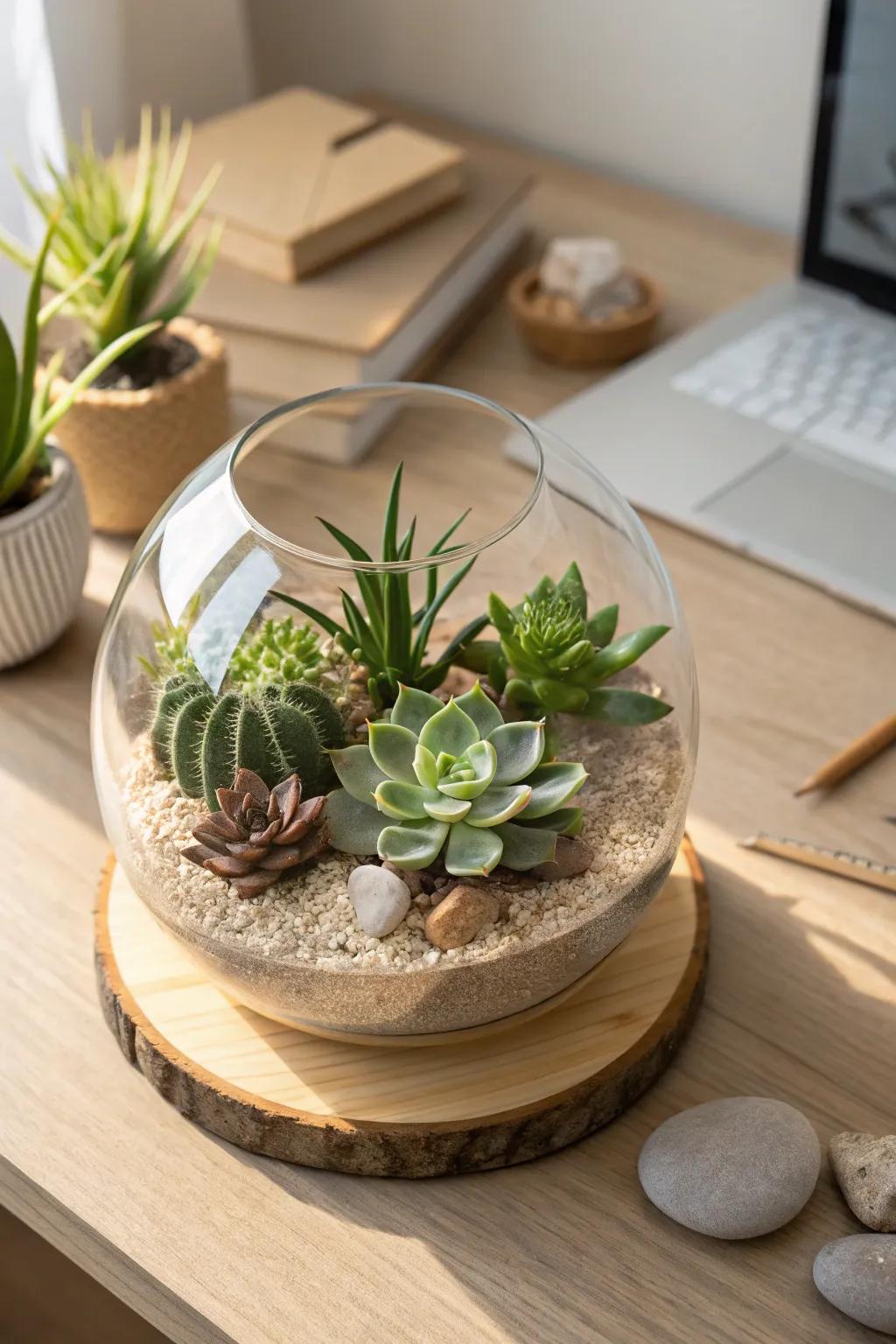 Elevate your workspace with the natural beauty of a rustic terrarium. Simplicity meets elegance with a touch of greenery.