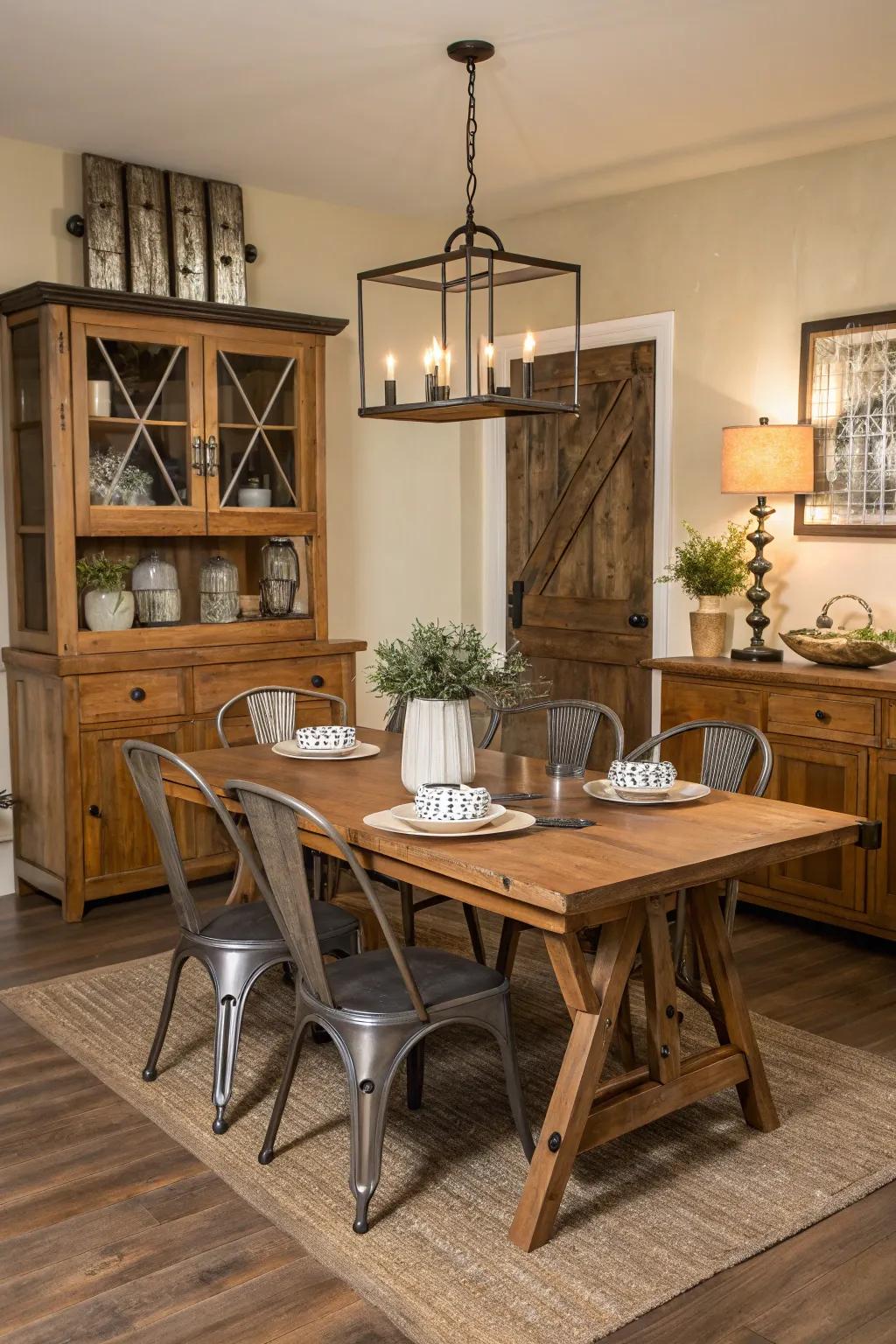 Wood and metal furniture blend together for a balanced rustic glam look.
