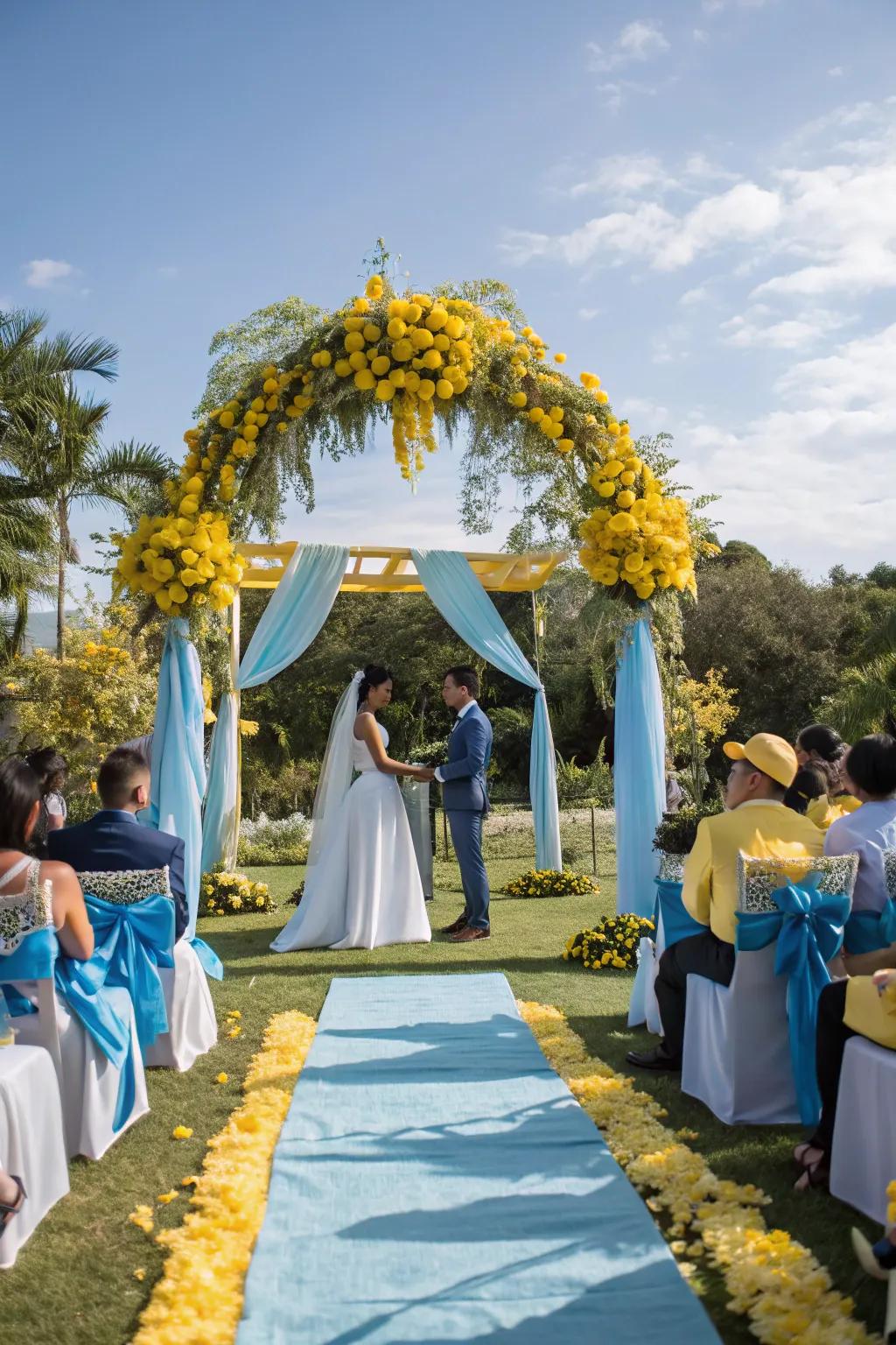 Sunshine yellow and light blue create a cheerful and bright wedding ambiance.