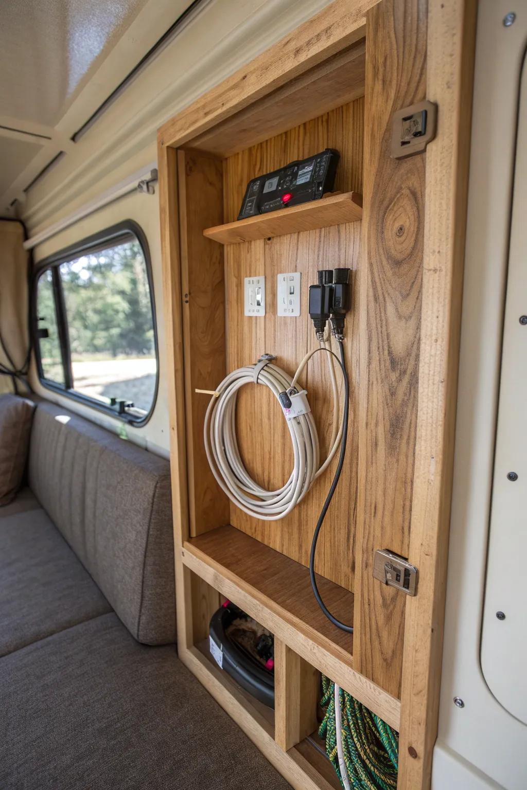 Craftsmanship meets convenience: Discover the perfect nook for your RV cords.